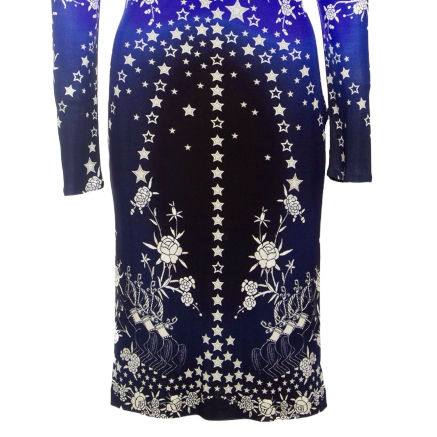ROBERTO CAVALLI Pre-Fall 2016 Blue Stars, Chariots, & Roses Print Dress - IT 40