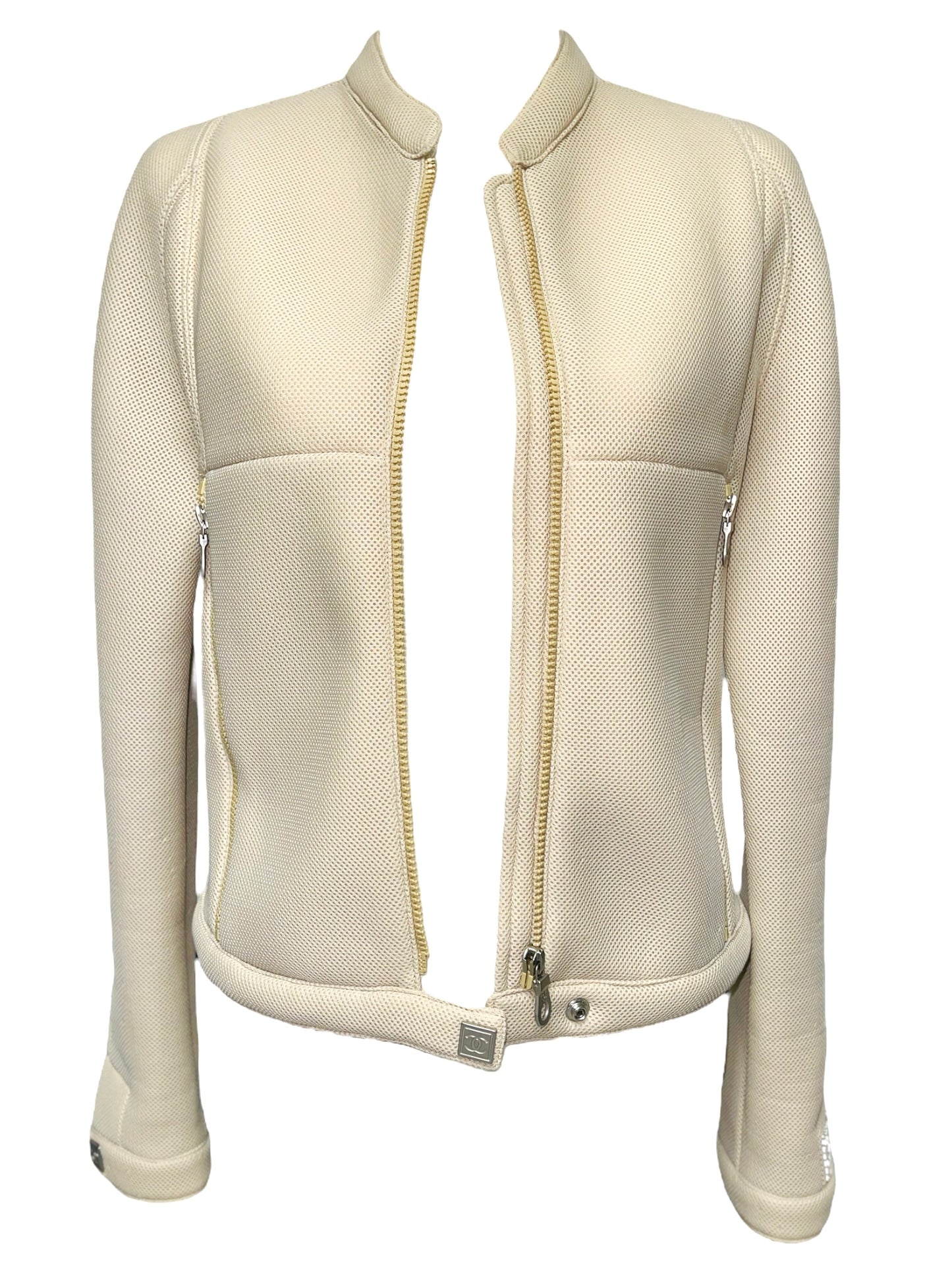 CHANEL Identification Vanilla Beige Neoprene Scuba Sporty Moto Jacket - FR 40
