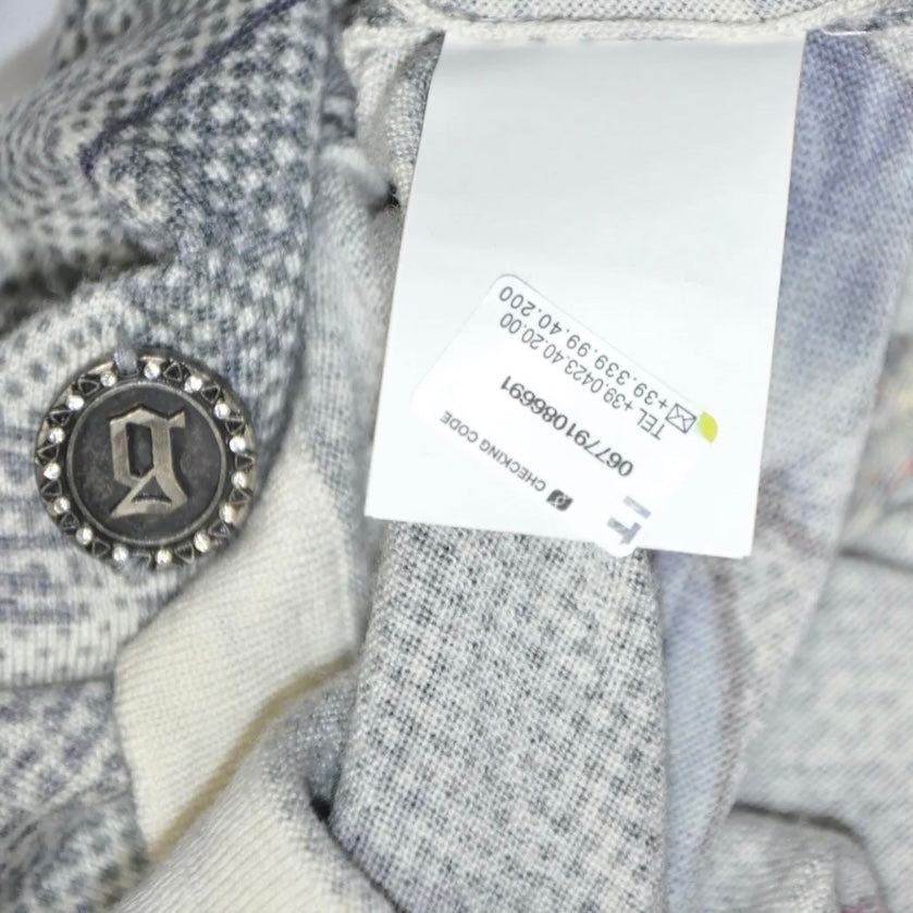GALLIANO Grey Pink Butterflies Gazette Newspaper Print Tie Waist Cashwool Top - M