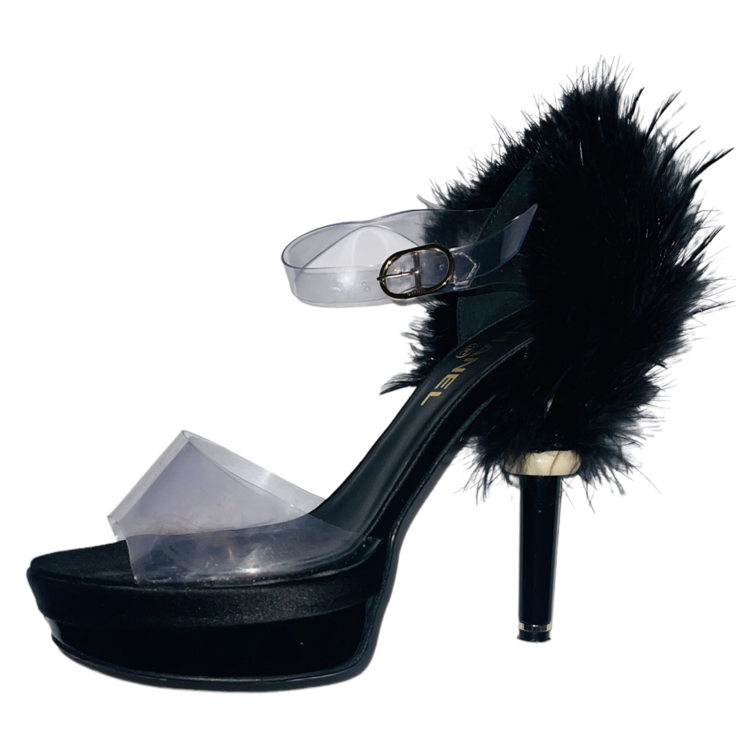 CHANEL S/S 09 Black Ostrich Feather Back Platform Heels w/ Clear PVC Plastic Straps - 39.5 (US 8)
