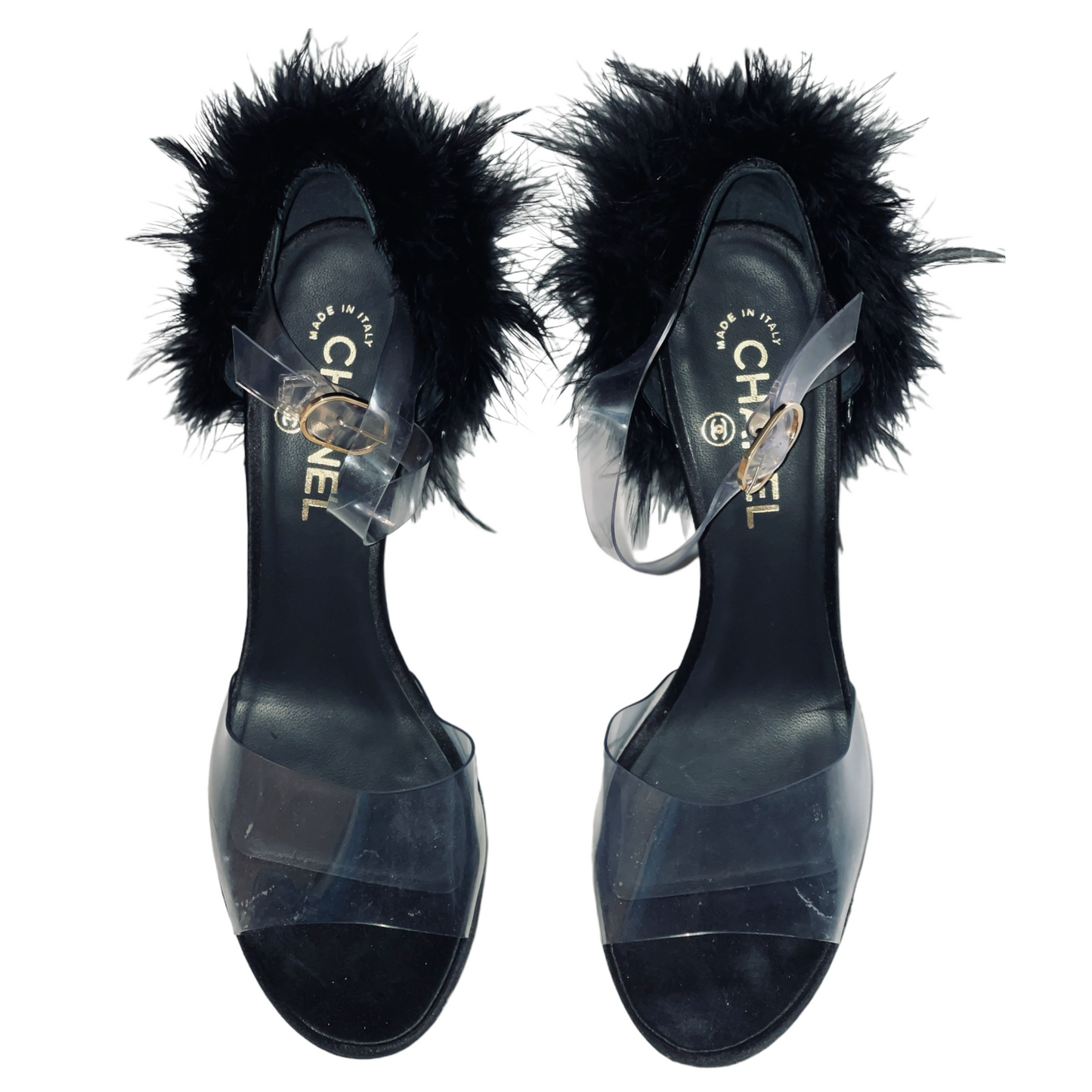 CHANEL S/S 09 Black Ostrich Feather Back Platform Heels w/ Clear PVC Plastic Straps - 39.5 (US 8)