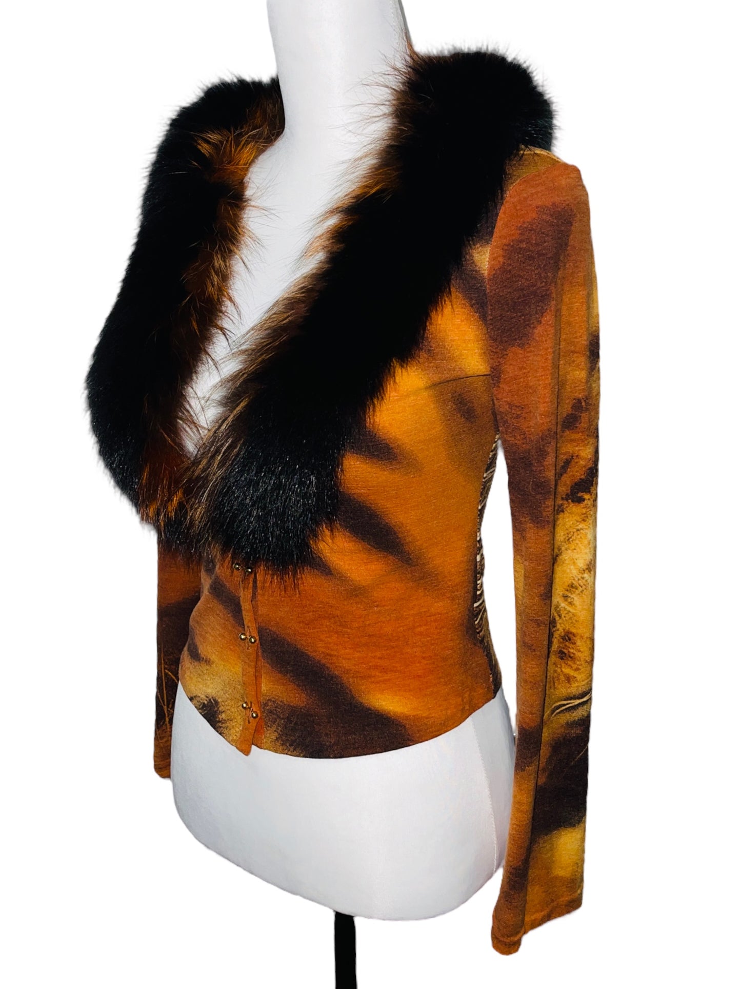 ROBERTO CAVALLI F/W 2000 Orange Tiger Print Fox Fur Trimmed Longleeve Cardigan - S