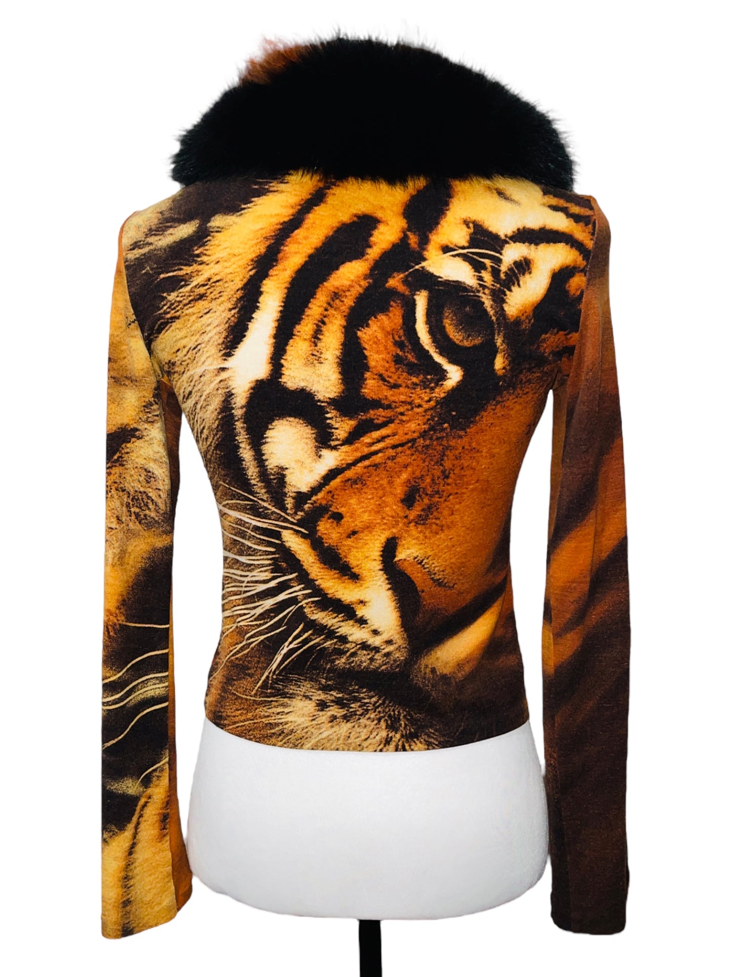 ROBERTO CAVALLI F/W 2000 Orange Tiger Print Fox Fur Trimmed Longleeve Cardigan - S