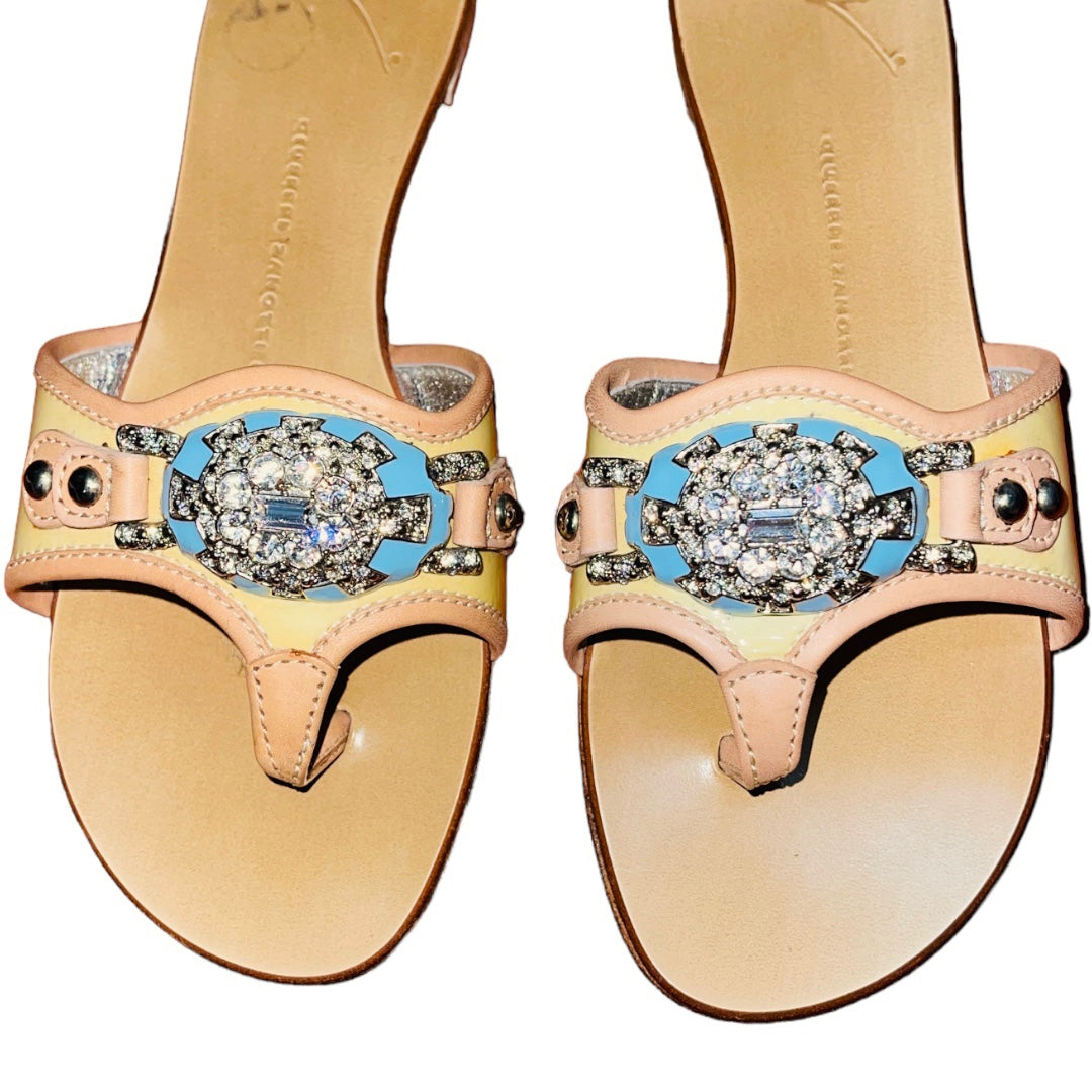 GIUSEPPE ZANOTTI 2000s Bling Beige Leather Blue Crystal Stoned Thong Sandals - 36