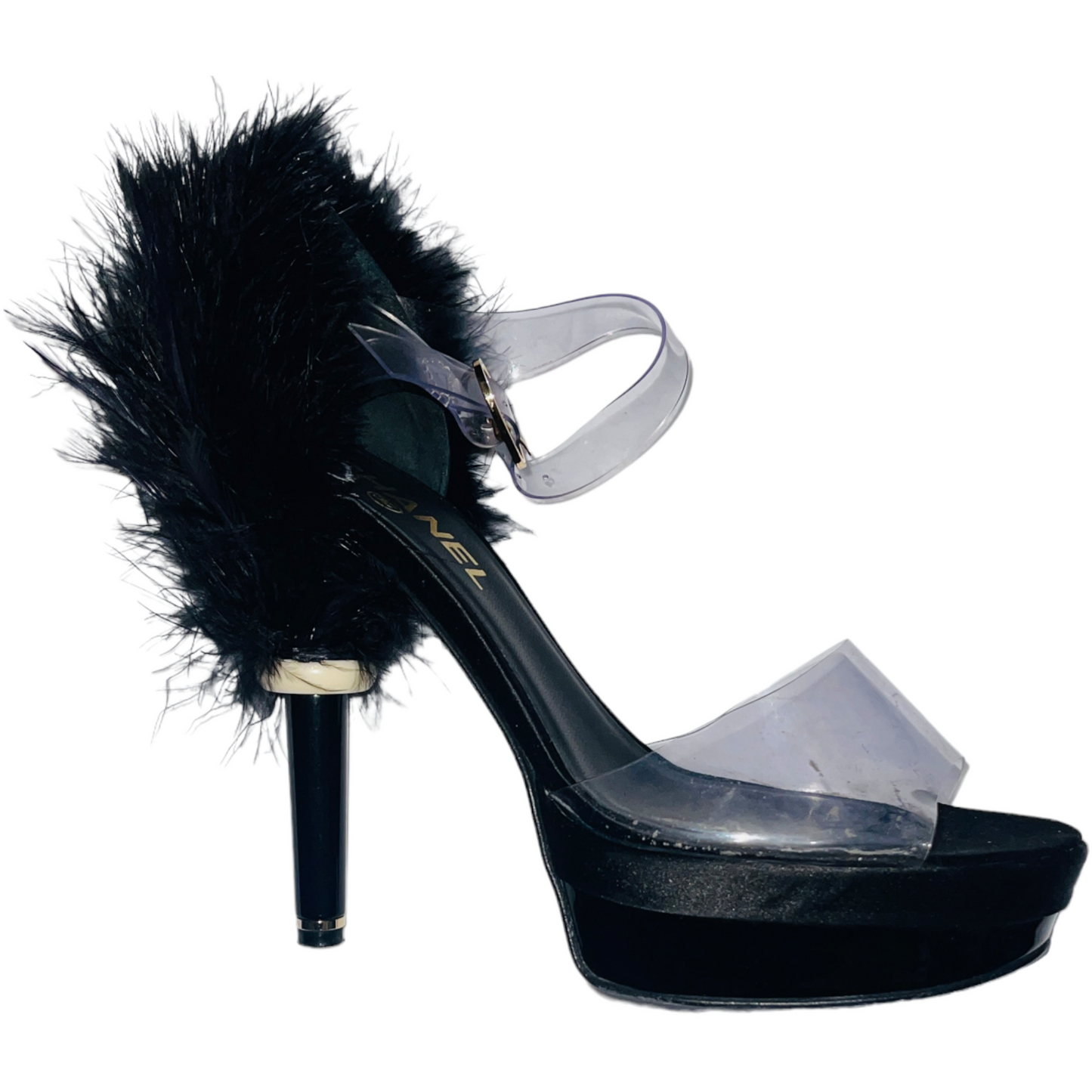 CHANEL S/S 09 Black Ostrich Feather Back Platform Heels w/ Clear PVC Plastic Straps - 39.5 (US 8)
