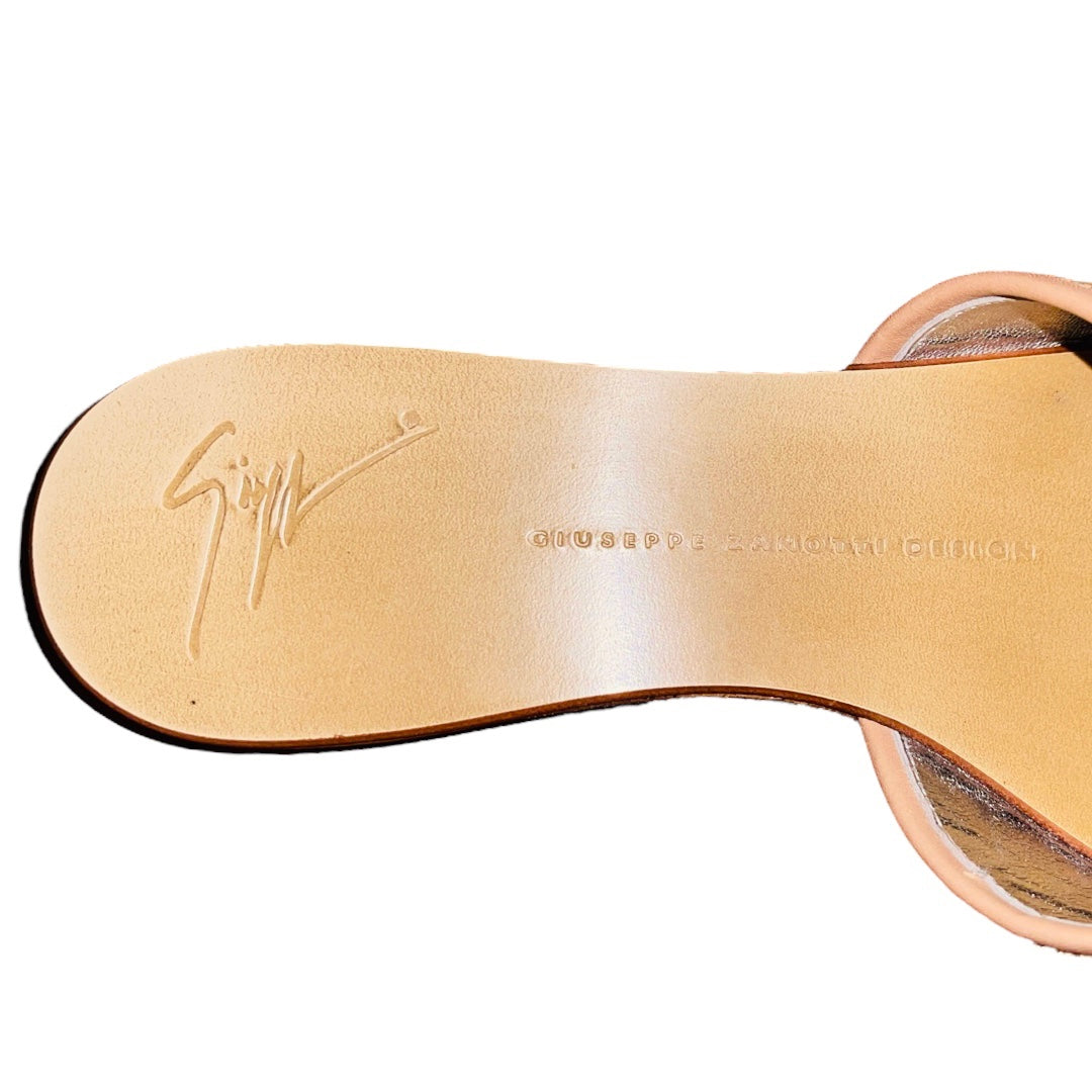 GIUSEPPE ZANOTTI 2000s Bling Beige Leather Blue Crystal Stoned Thong Sandals - 36