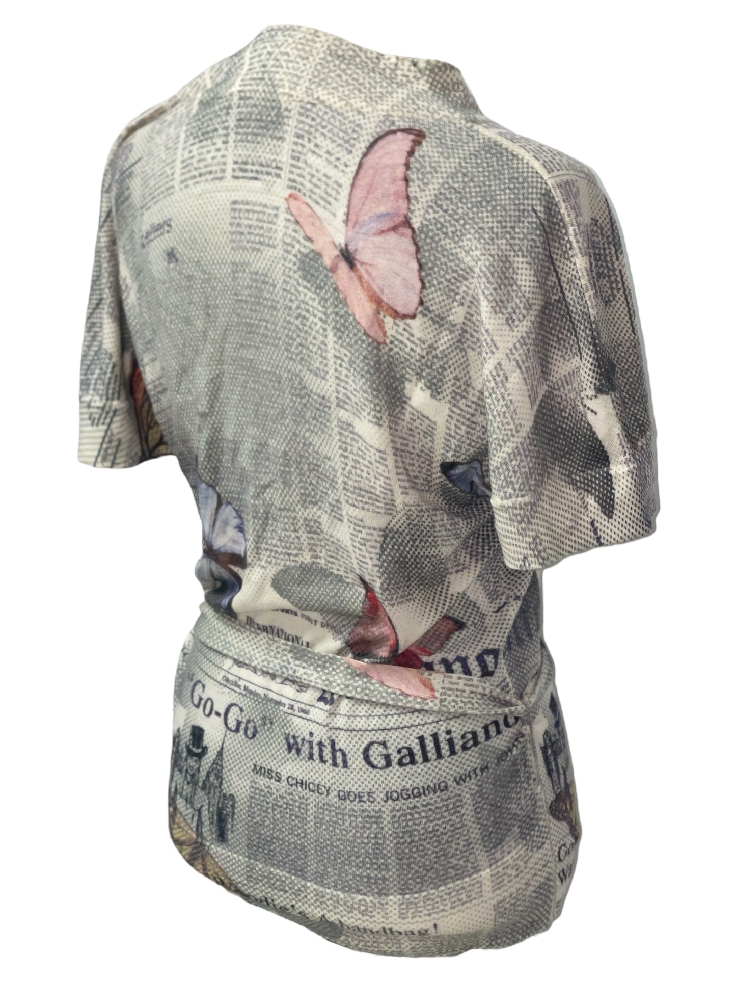 GALLIANO Grey Pink Butterflies Gazette Newspaper Print Tie Waist Cashwool Top - M