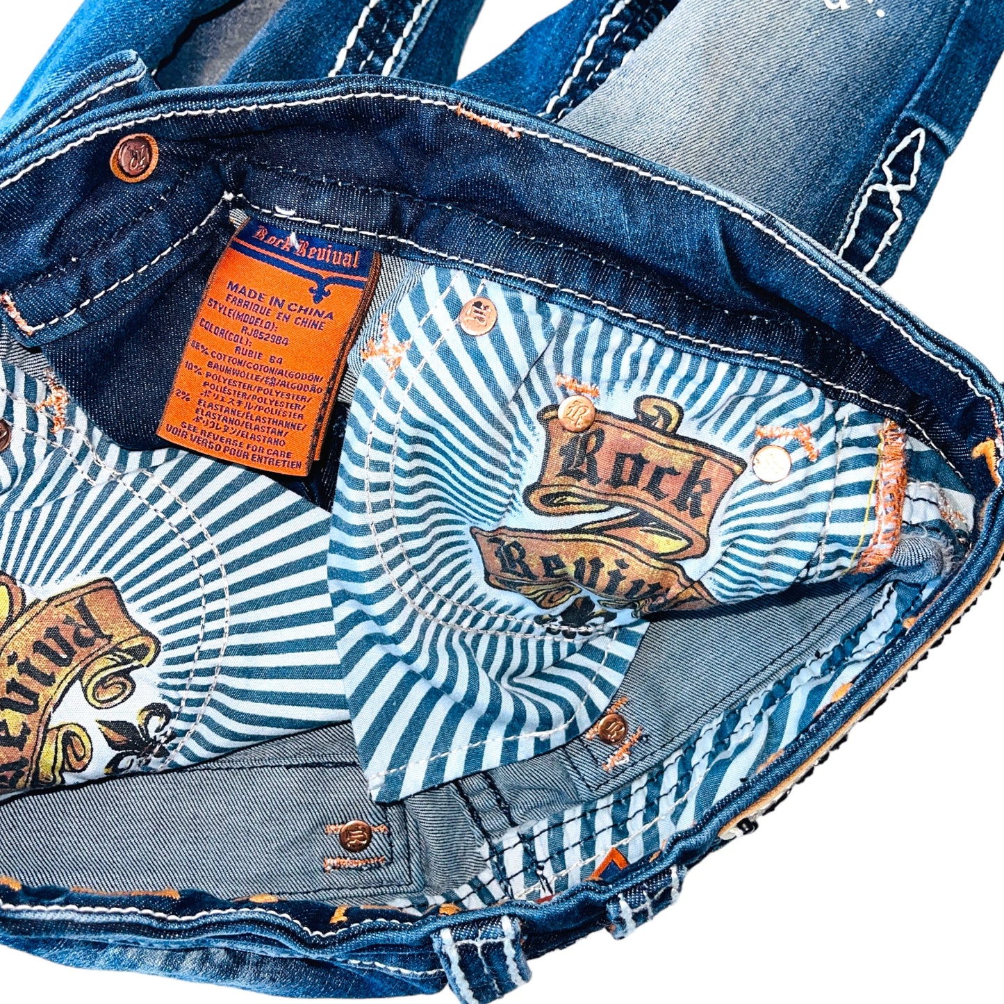 PRAYING x ROCK REVIVAL Logo Text Print Flare Bootcut Blue Jeans 28