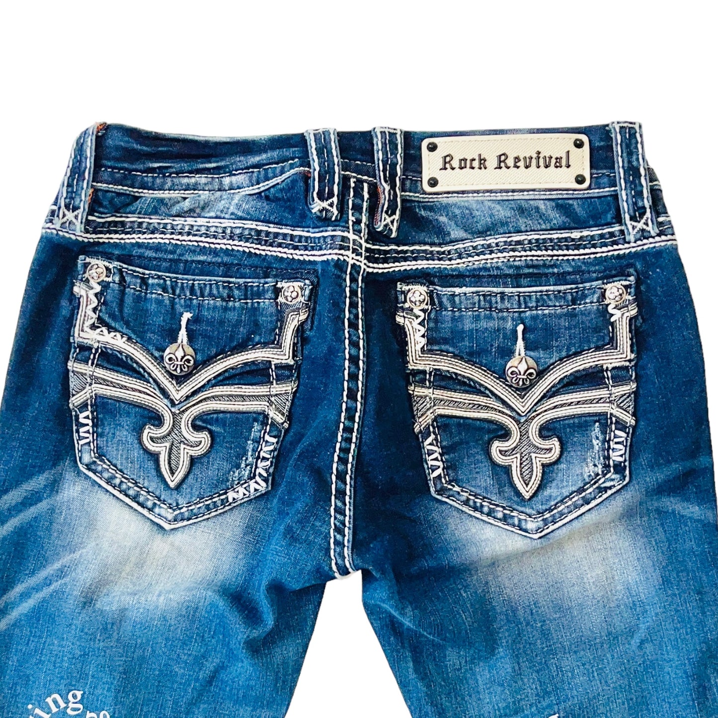 PRAYING x ROCK REVIVAL Logo Text Print Flare Bootcut Blue Jeans 28
