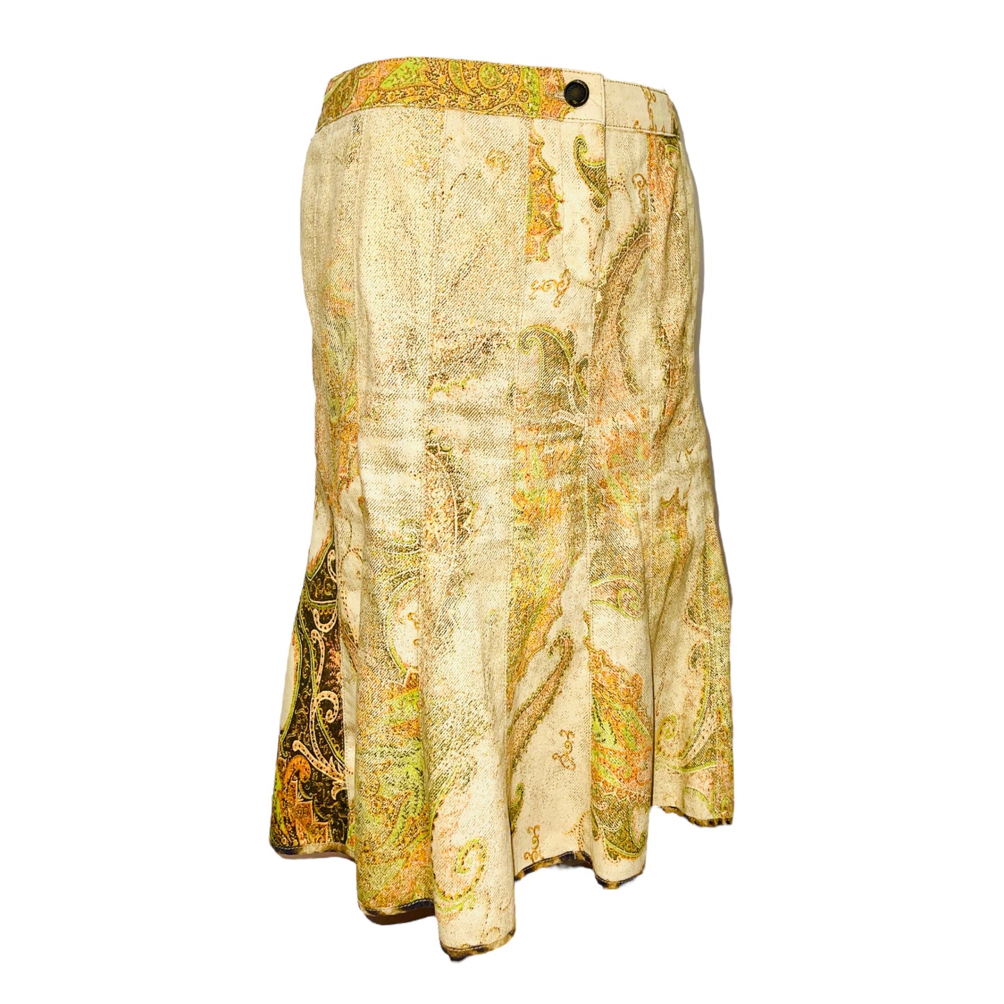 ROBERTO CAVALLI Green Yellow Brown Paisley Denim Skirt - S