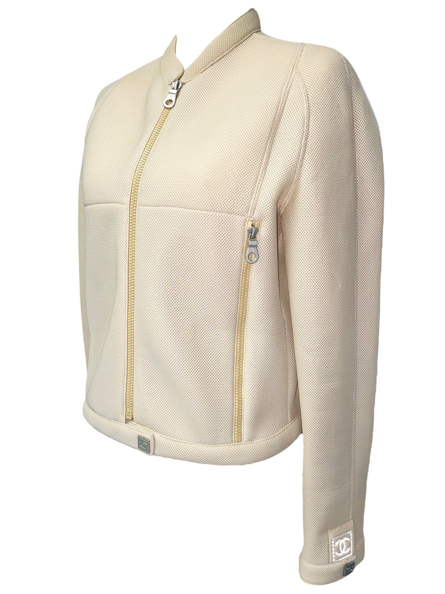 CHANEL Identification Vanilla Beige Neoprene Scuba Sporty Moto Jacket - FR 40