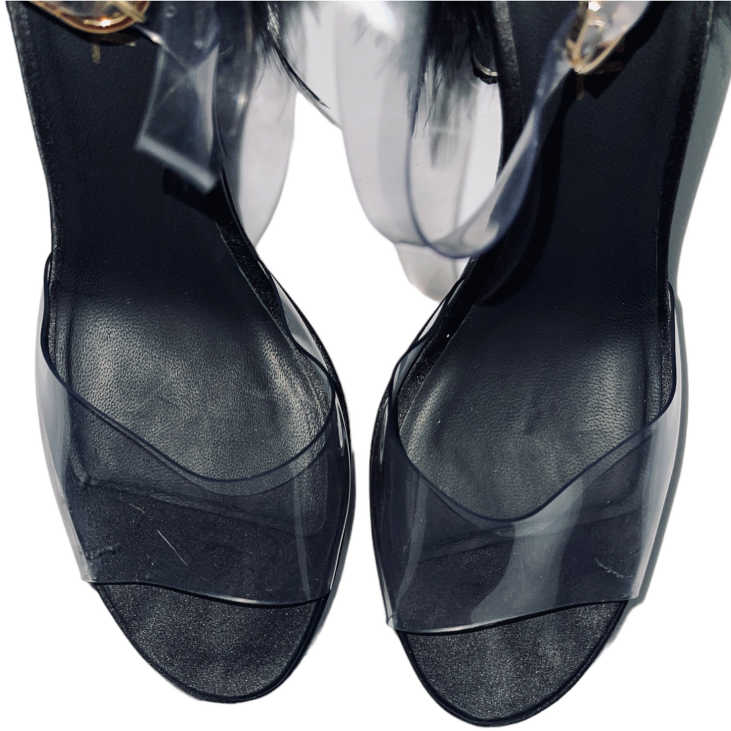 CHANEL S/S 09 Black Ostrich Feather Back Platform Heels w/ Clear PVC Plastic Straps - 39.5 (US 8)