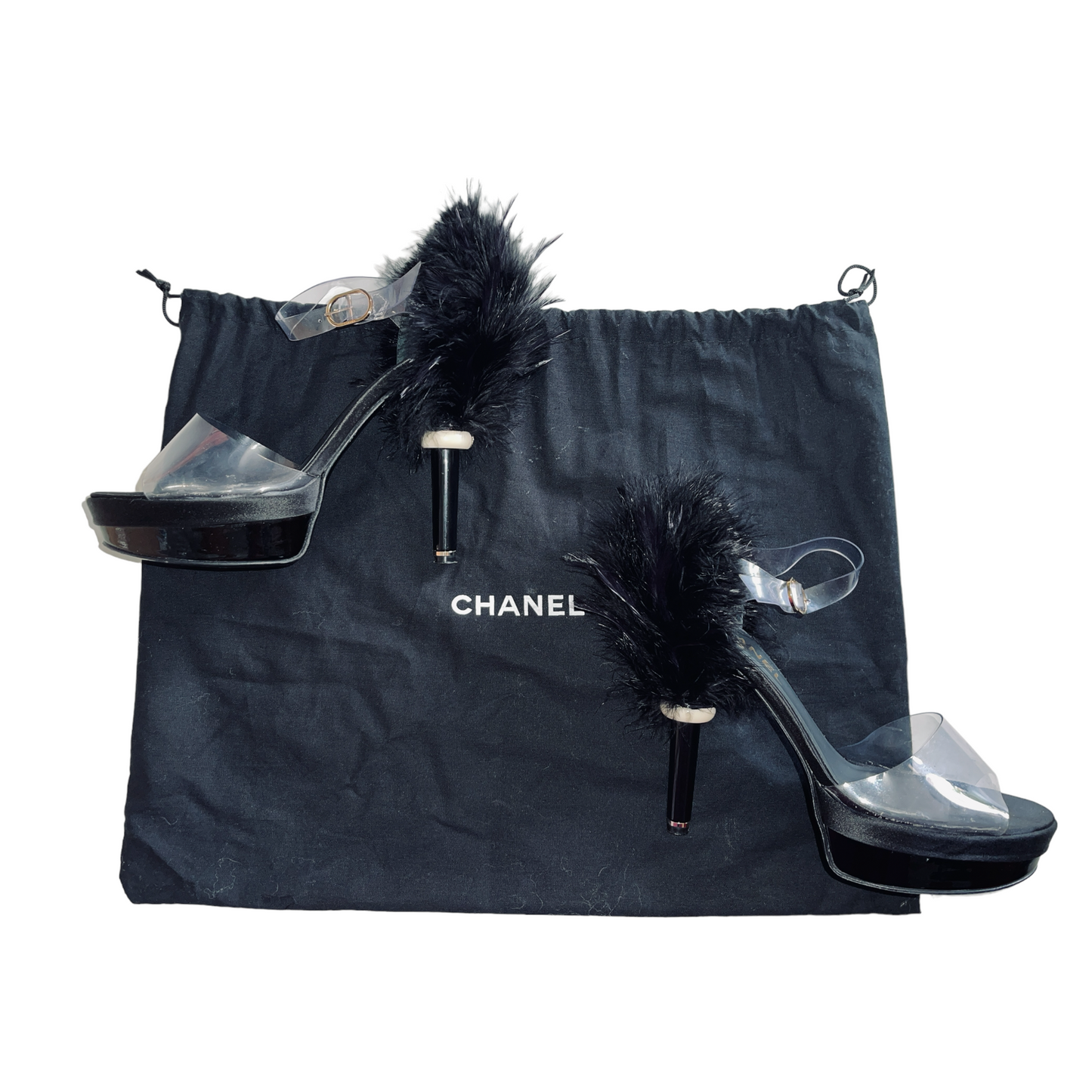 CHANEL S/S 09 Black Ostrich Feather Back Platform Heels w/ Clear PVC Plastic Straps - 39.5 (US 8)