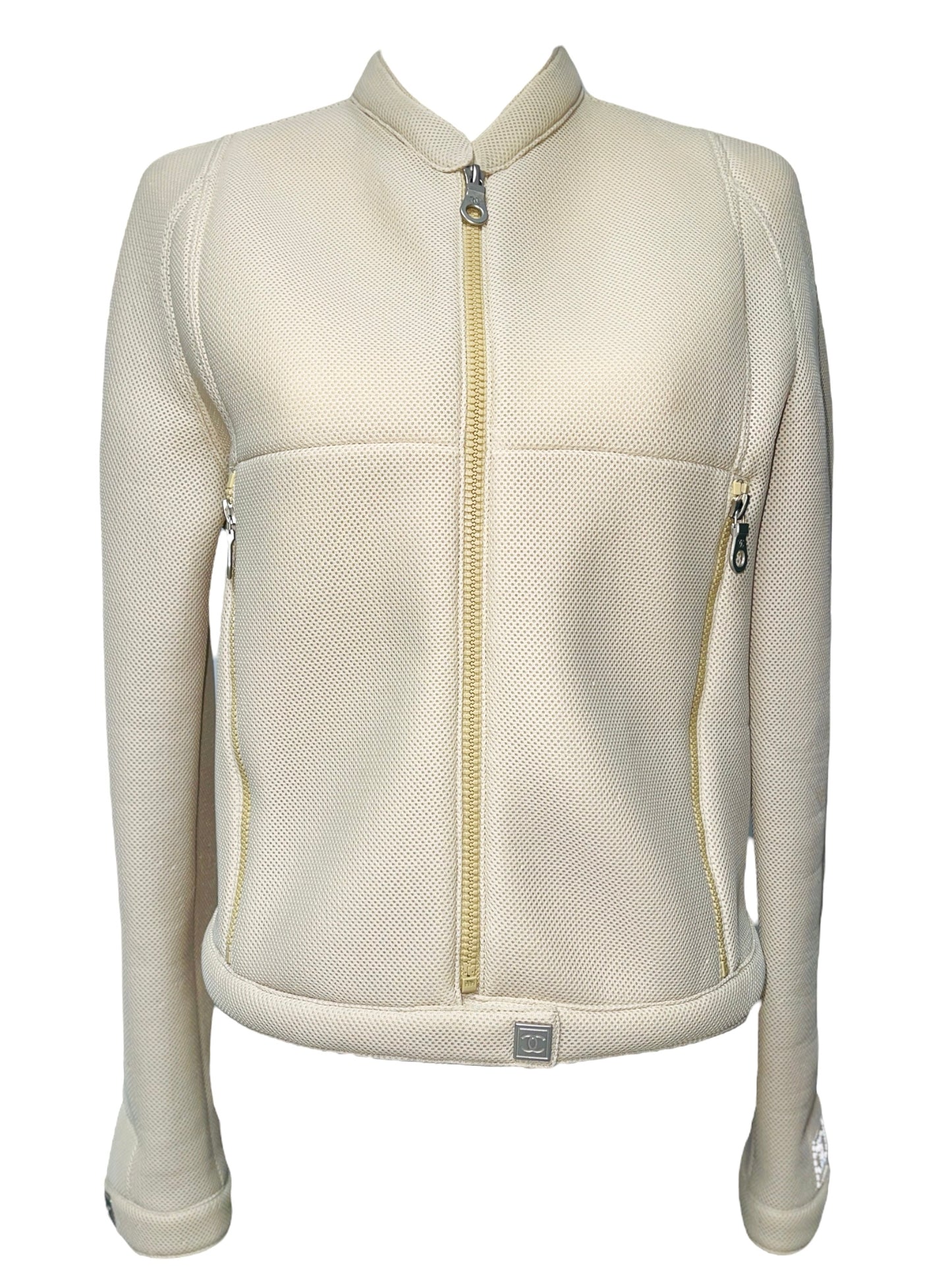 CHANEL Identification Vanilla Beige Neoprene Scuba Sporty Moto Jacket - FR 40