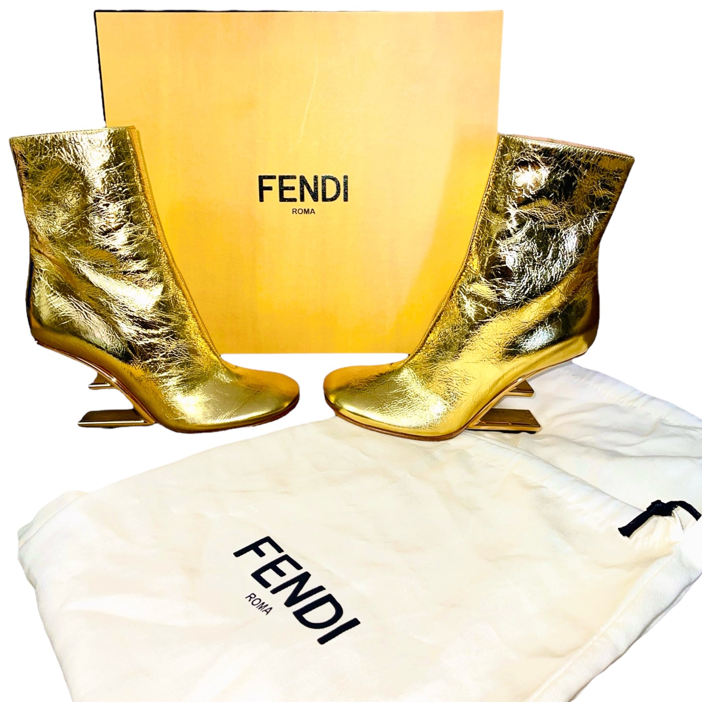 FENDI First Gold “F” Laminated Craquele Nappa Lambskin Leather 95mm Booties - IT 37