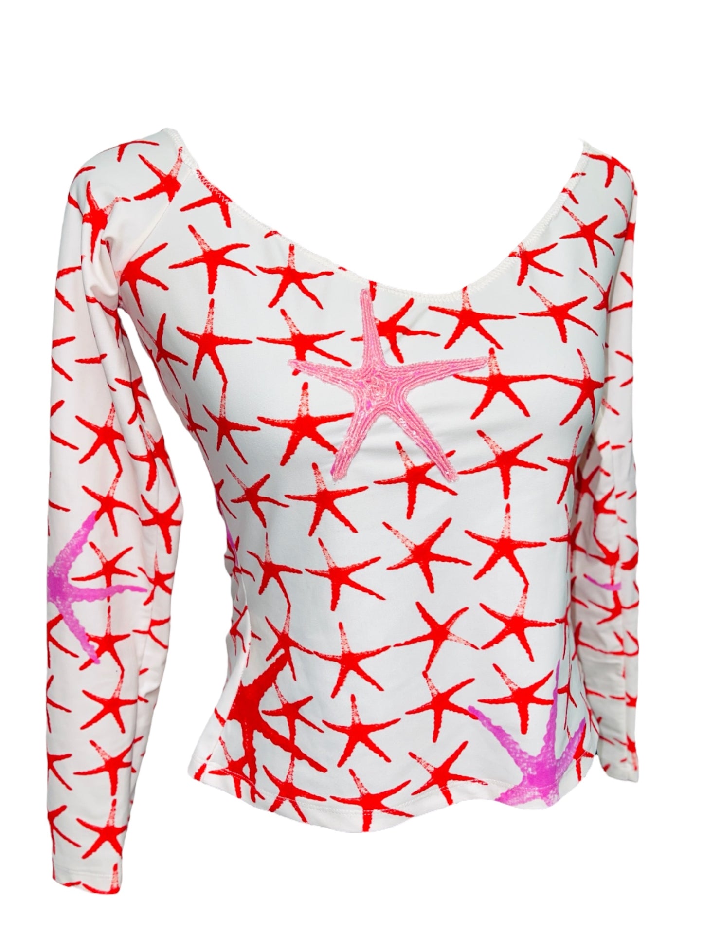 VERSACE JEANS COUTURE Red White Pink Embellished Starfish Print V-Neck Top - L