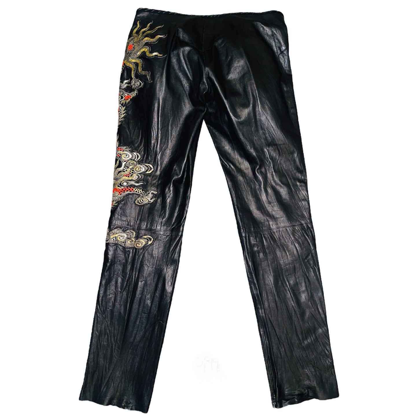 ROBERTO CAVALLI S/S 2003 Runway Dragon Embroidery Black Leather Slim Trousers L