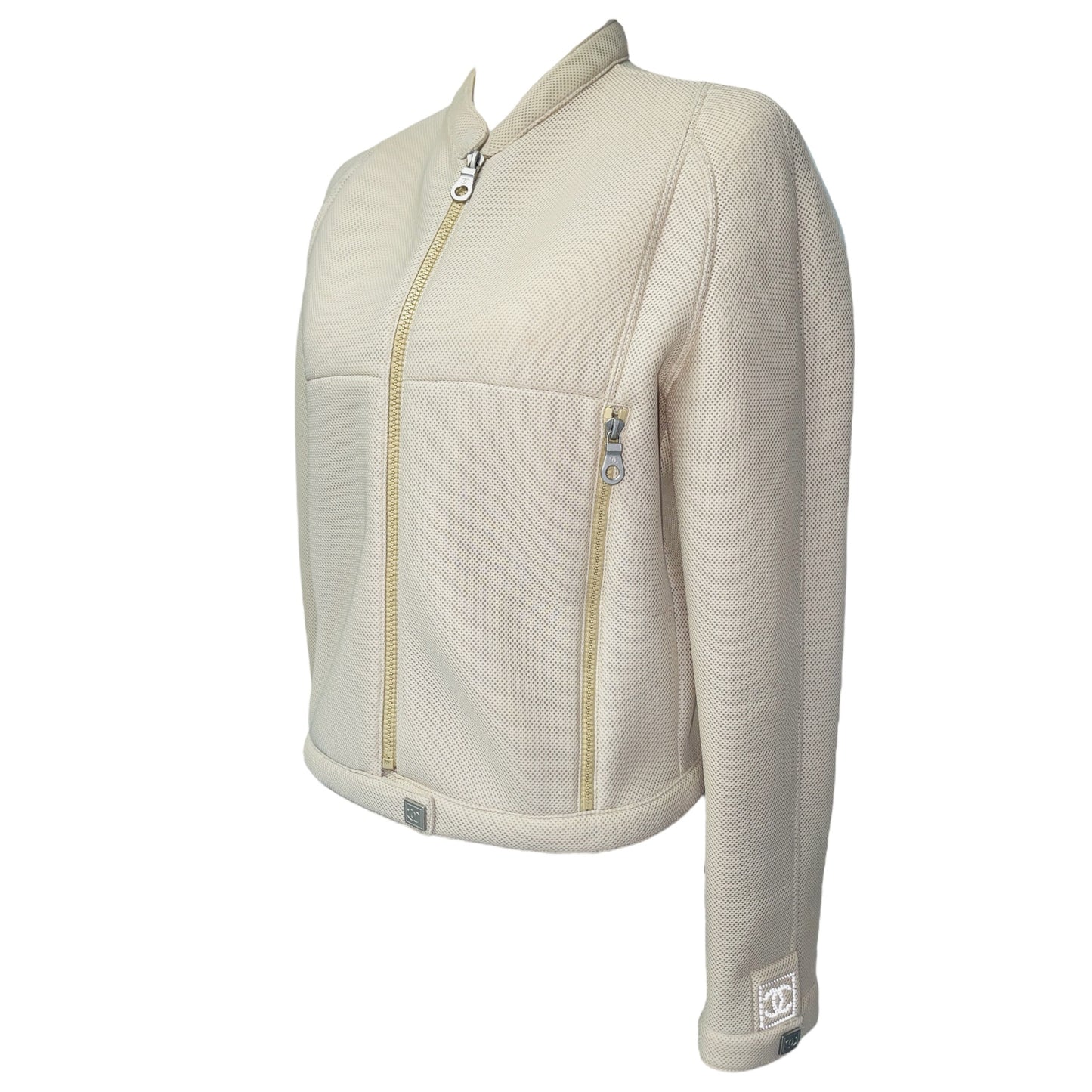 CHANEL Identification Vanilla Beige Neoprene Scuba Sporty Moto Jacket - FR 40