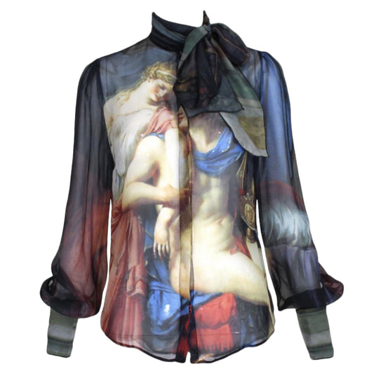 DOLCE & GABBANA “The Loves Of Helen and Paris” Painting Silk Pussybow Blouse - IT 42