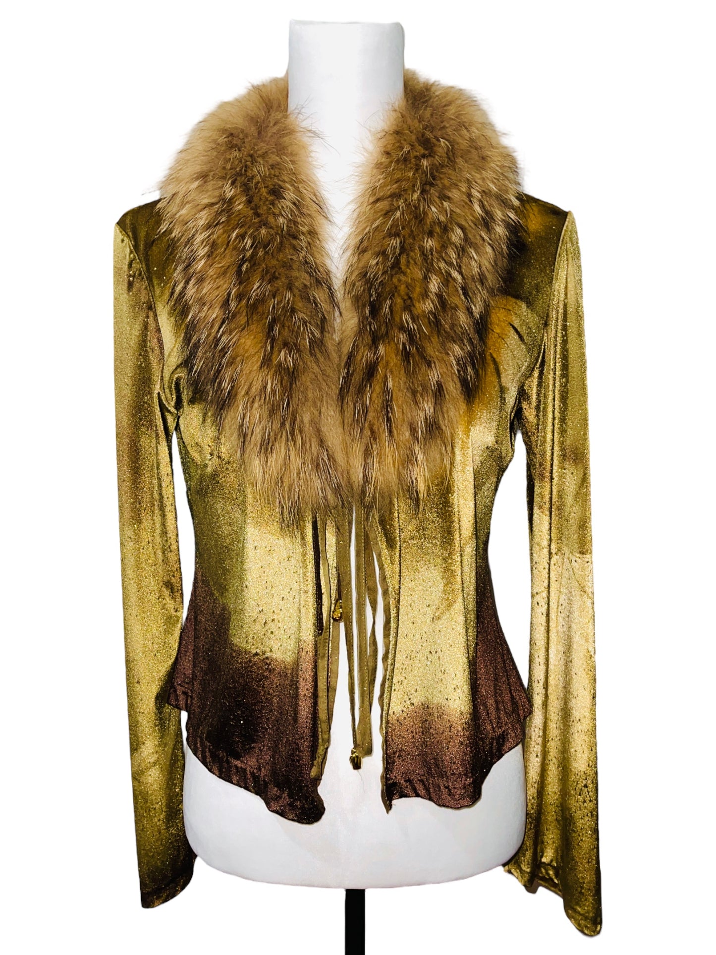 ROBERTO CAVALLI F/W 1999 Leaves Print Green Velvet and Fur Trimmed Cardigan - M