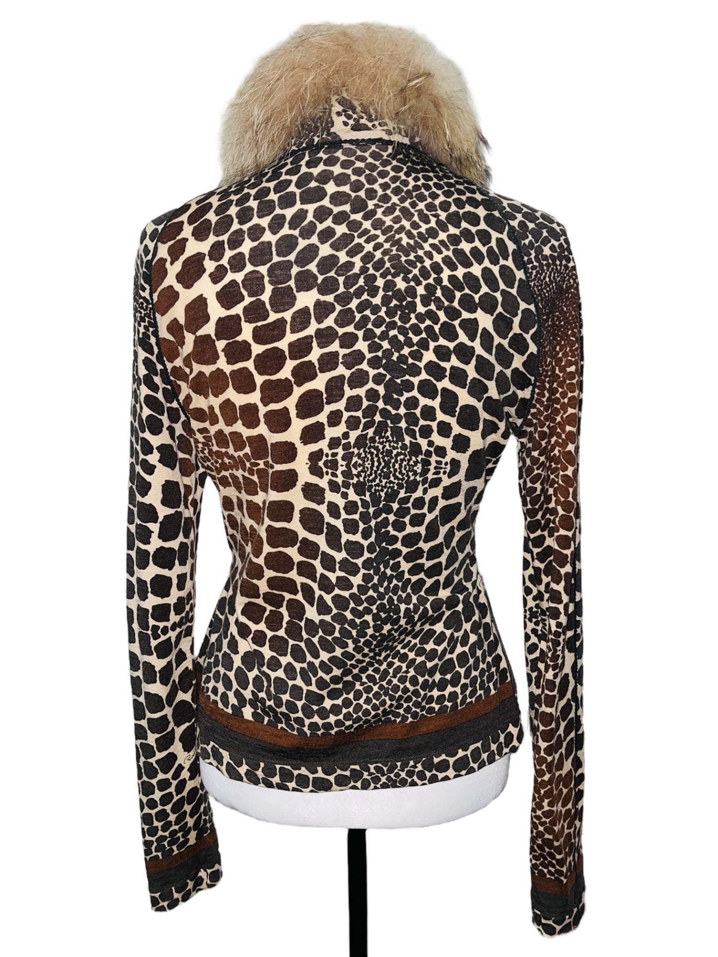 ROBERTO CAVALLI Y2K 2000s Fur Collar Giraffe Print Long Sleeve Cardigan - L