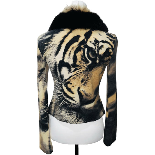 ROBERTO CAVALLI F/W 2000 White Tiger Print Fox Fur Trimmed Longleeve Cardigan - M