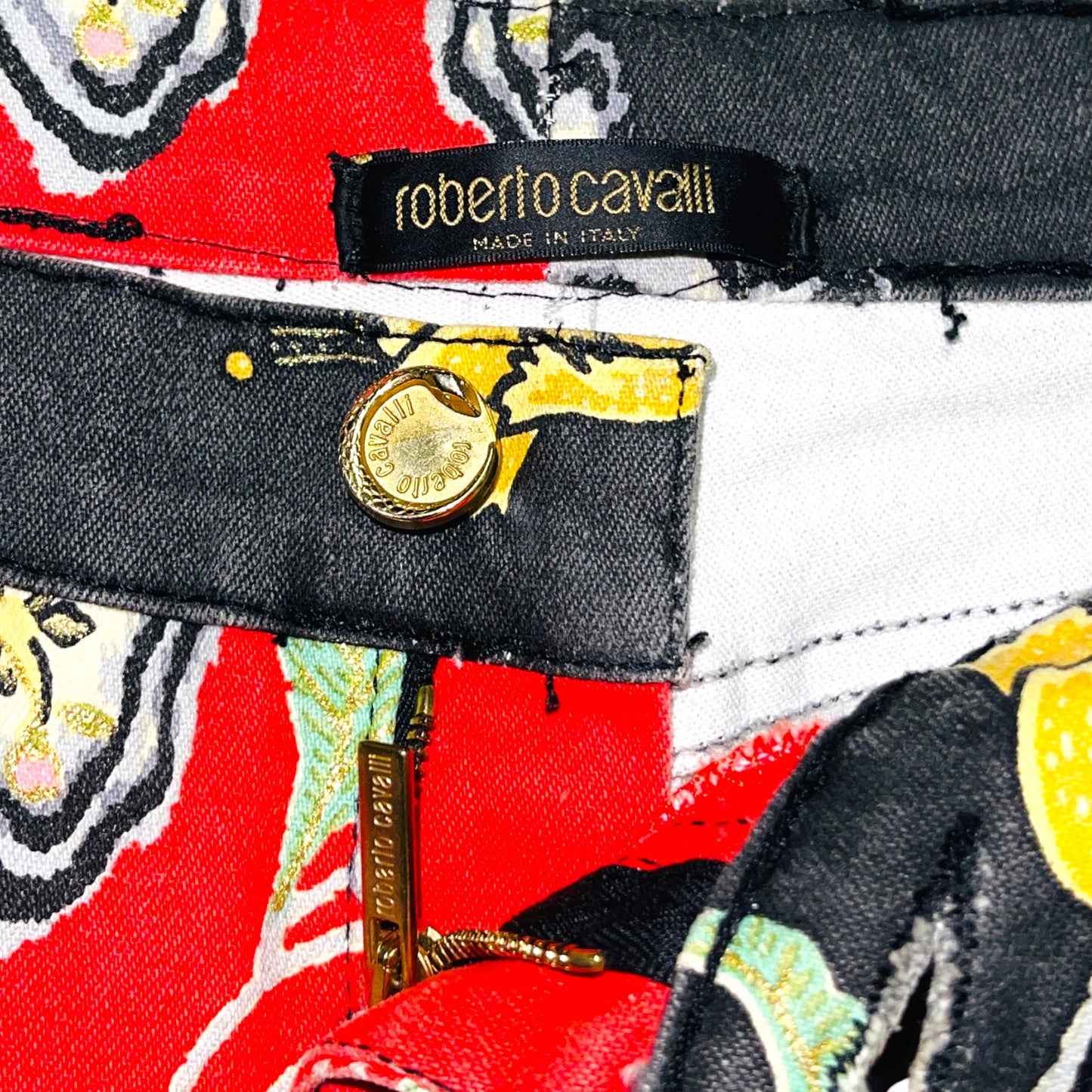 ROBERTO CAVALLI S/S 2003 Red Chinoiserie Chinese Motifs Denim Trouser Jeans - M