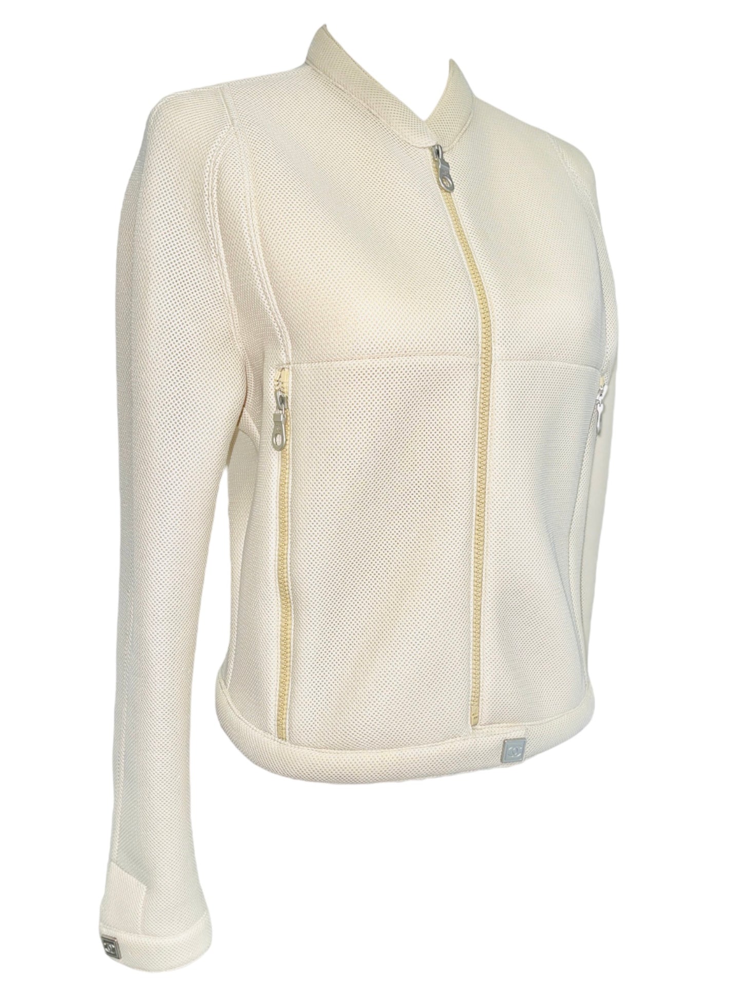 CHANEL Identification Vanilla Beige Neoprene Scuba Sporty Moto Jacket - FR 40