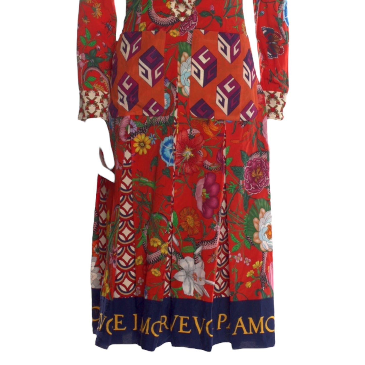 GUCCI Floral Patchwork Print Silk Crepe De Chine Dress in Orange - 42/6 NWT