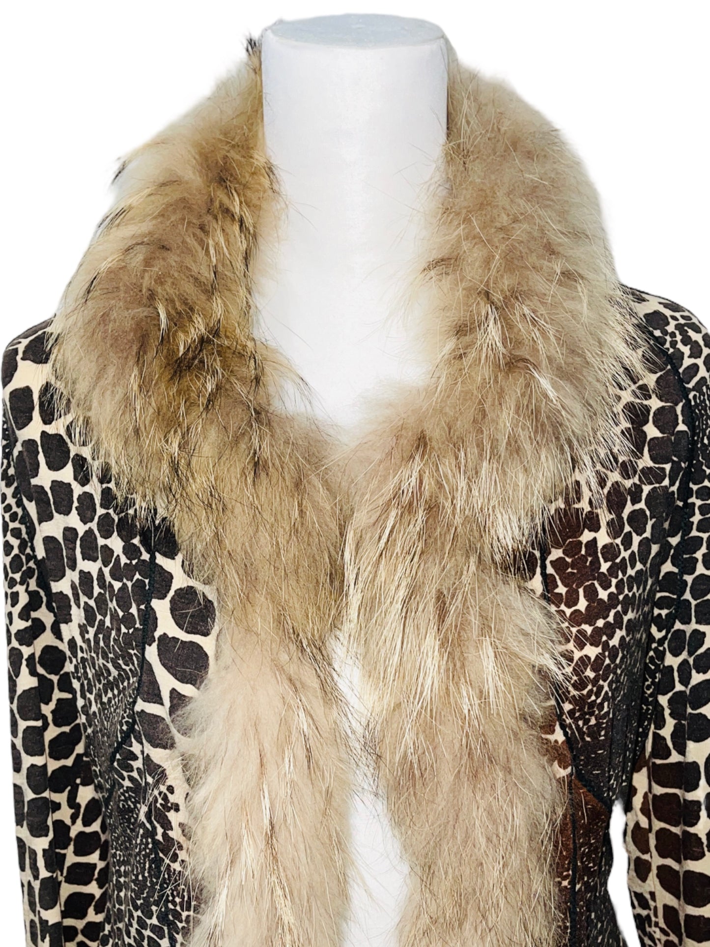 ROBERTO CAVALLI Y2K 2000s Fur Collar Giraffe Print Long Sleeve Cardigan - L