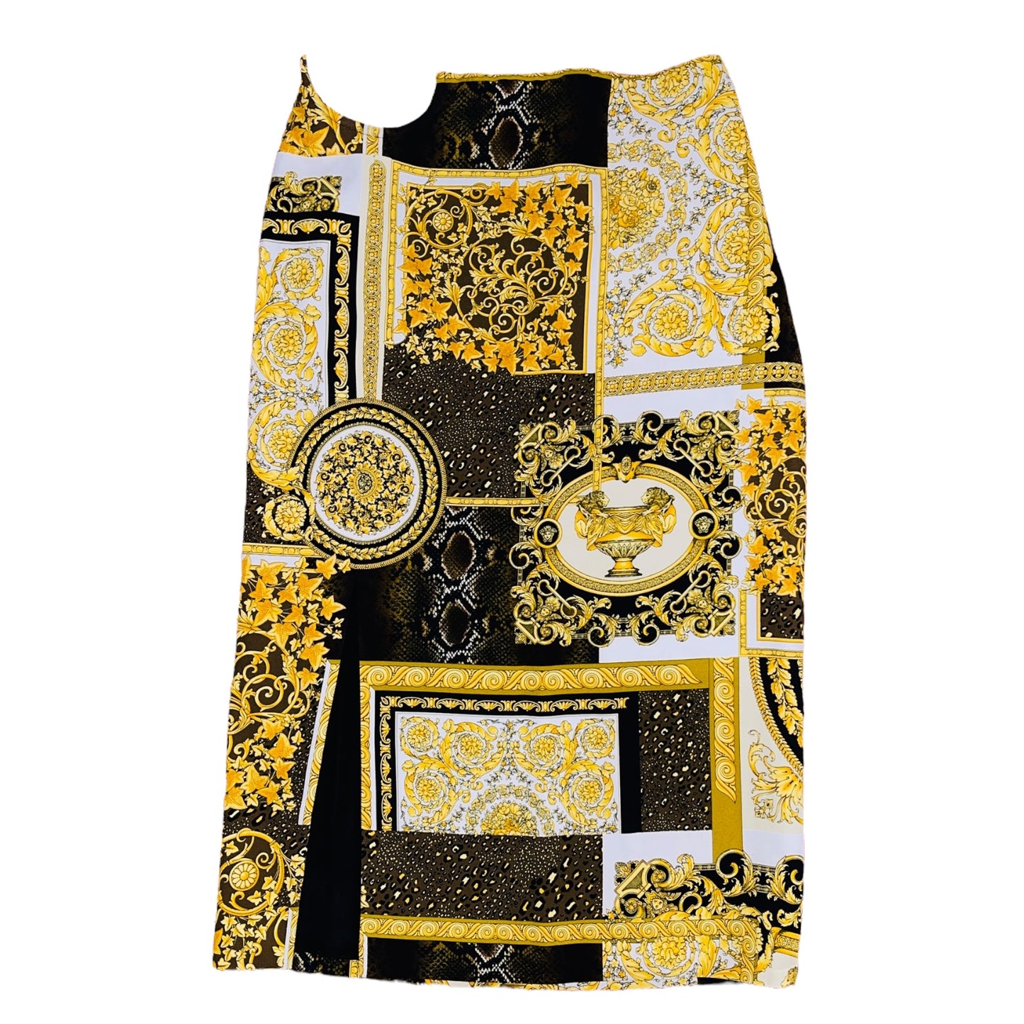 VERSACE Gold and Black Barocco Animal Print Hoop Cutout Midi Skirt - IT 42