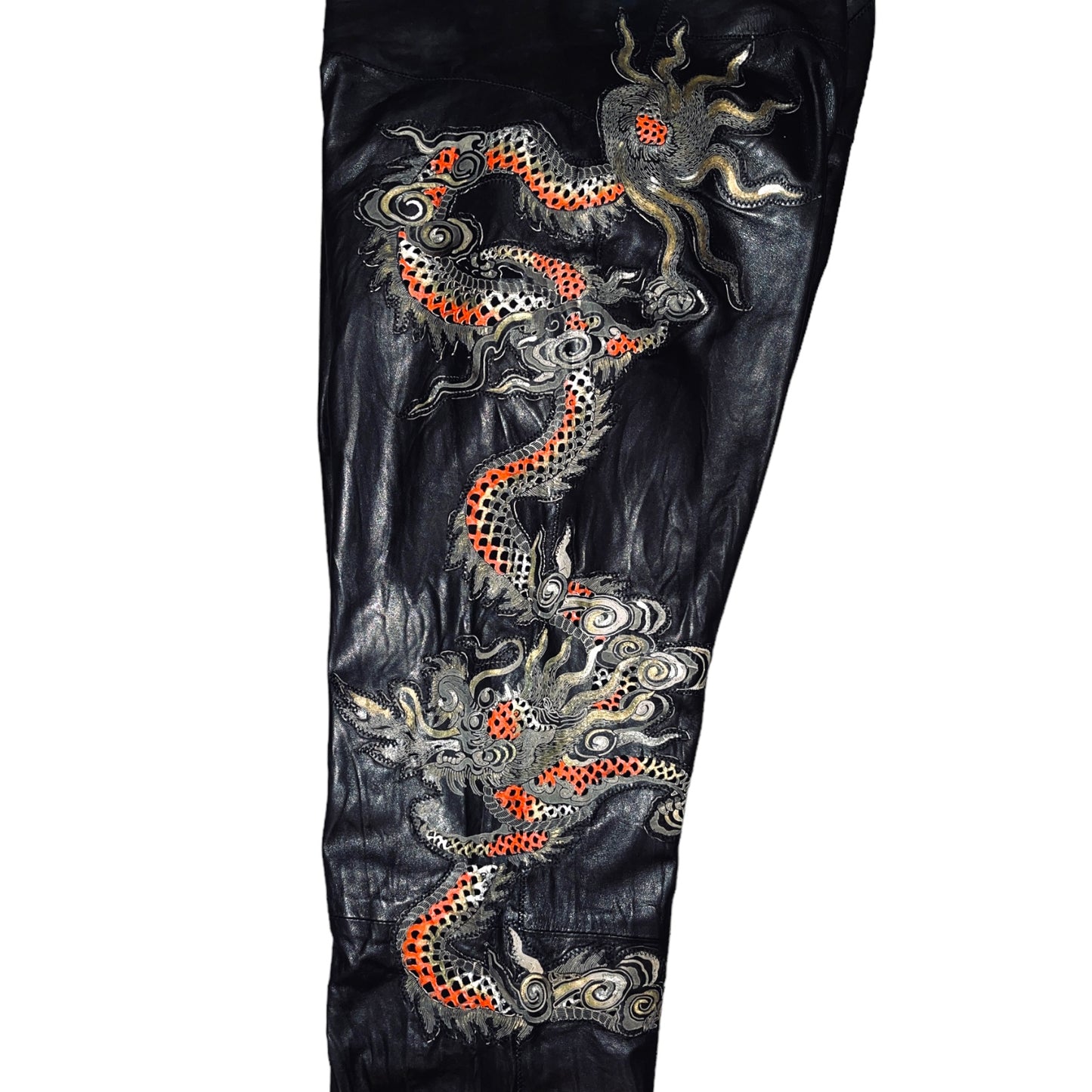 ROBERTO CAVALLI S/S 2003 Runway Dragon Embroidery Black Leather Slim Trousers L