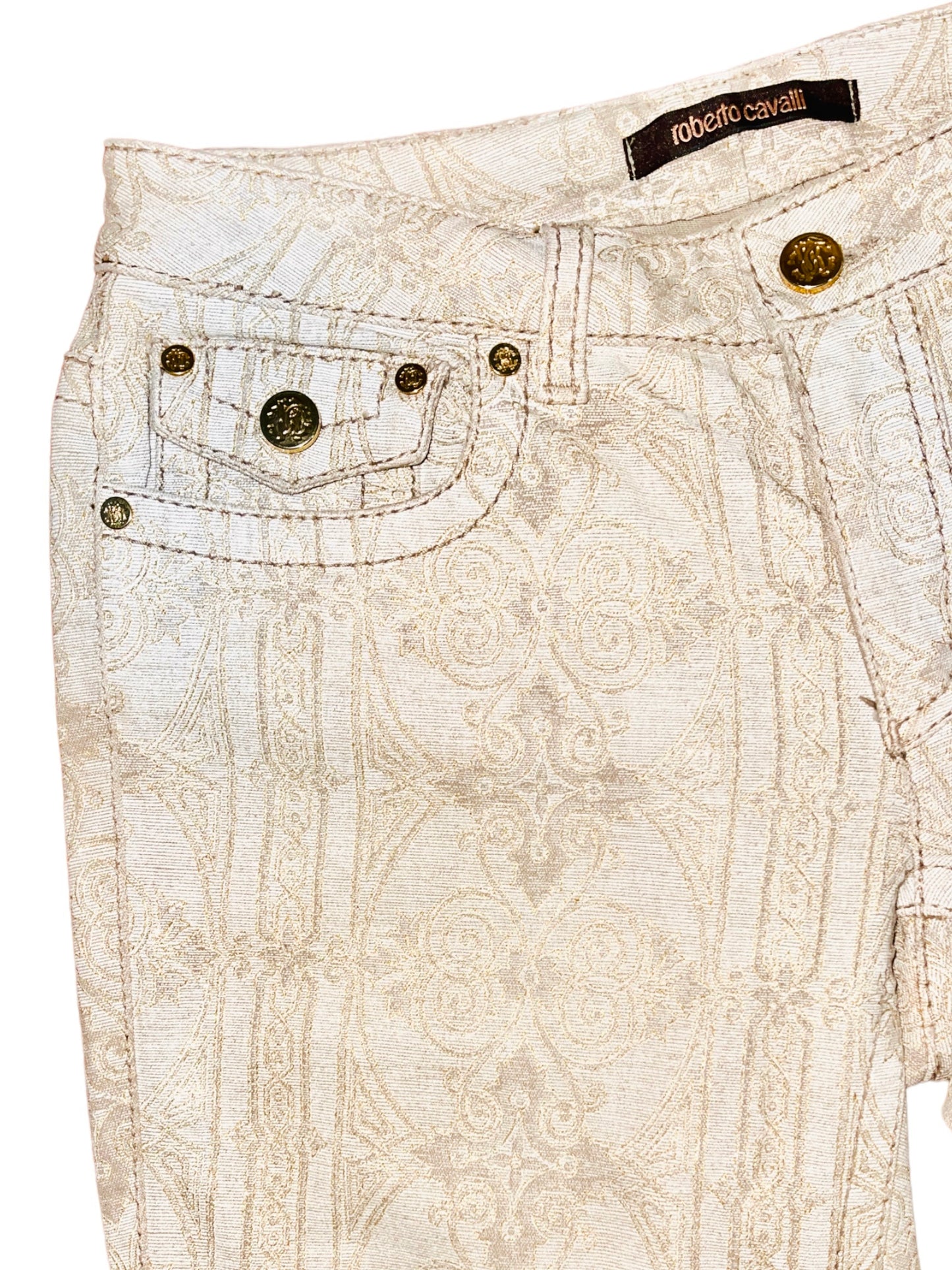 ROBERTO CAVALLI Mid-2000s Metallic Ecru Tapestry Flare Jeans - 42