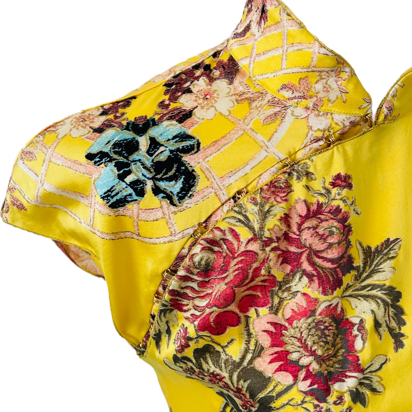 ROBERTO CAVALLI S/S 2003 Yellow Silk Chinoiserie Cheongsam w/ Corset Set - S/XS