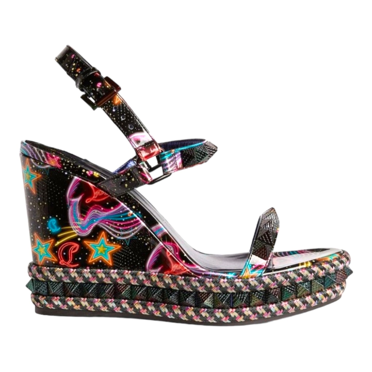 CHRISTIAN LOUBOUTIN Pyraclou Spiked Multicolor Black Wedge Sandals 110 - 36