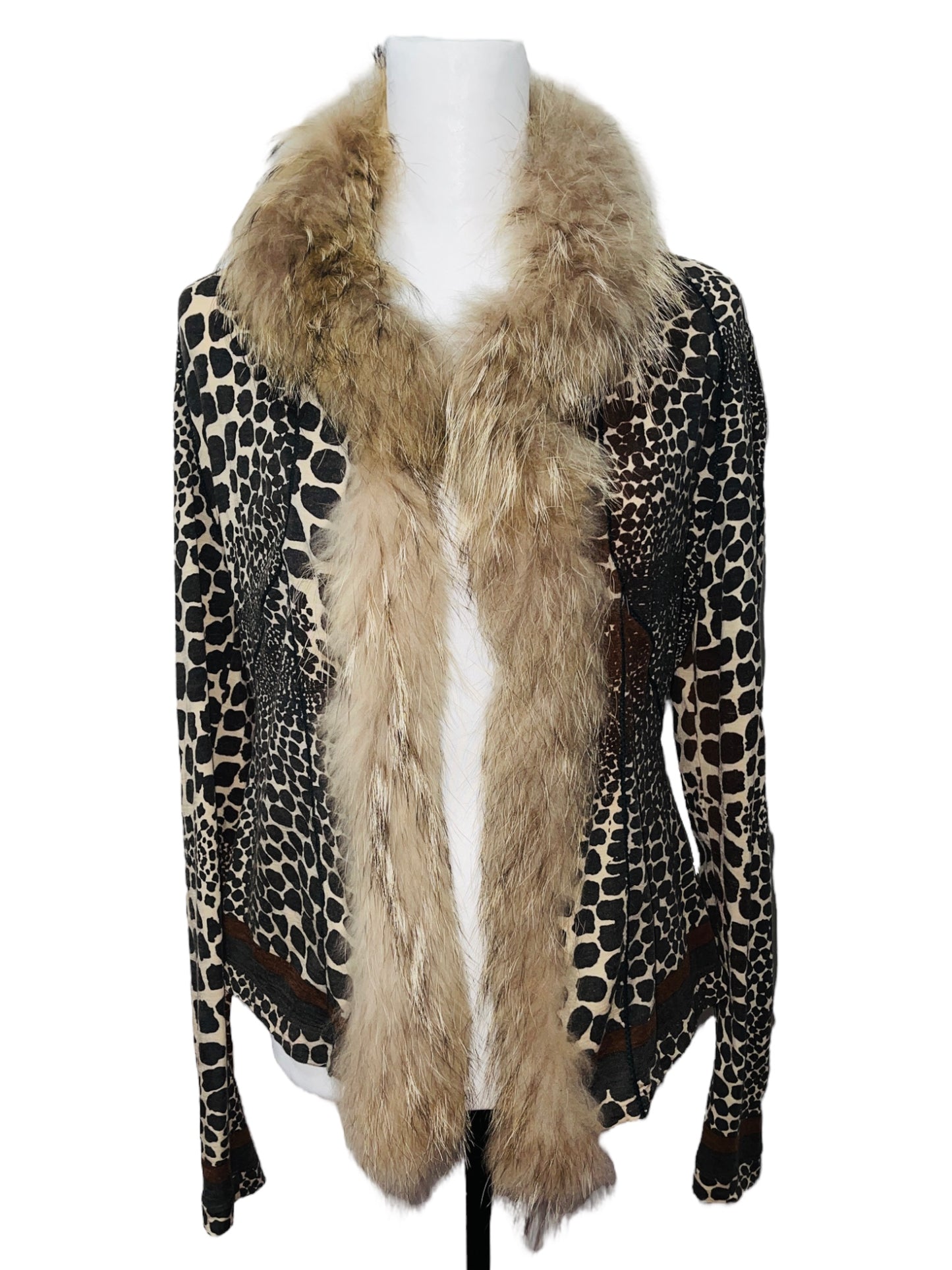 ROBERTO CAVALLI Y2K 2000s Fur Collar Giraffe Print Long Sleeve Cardigan - L