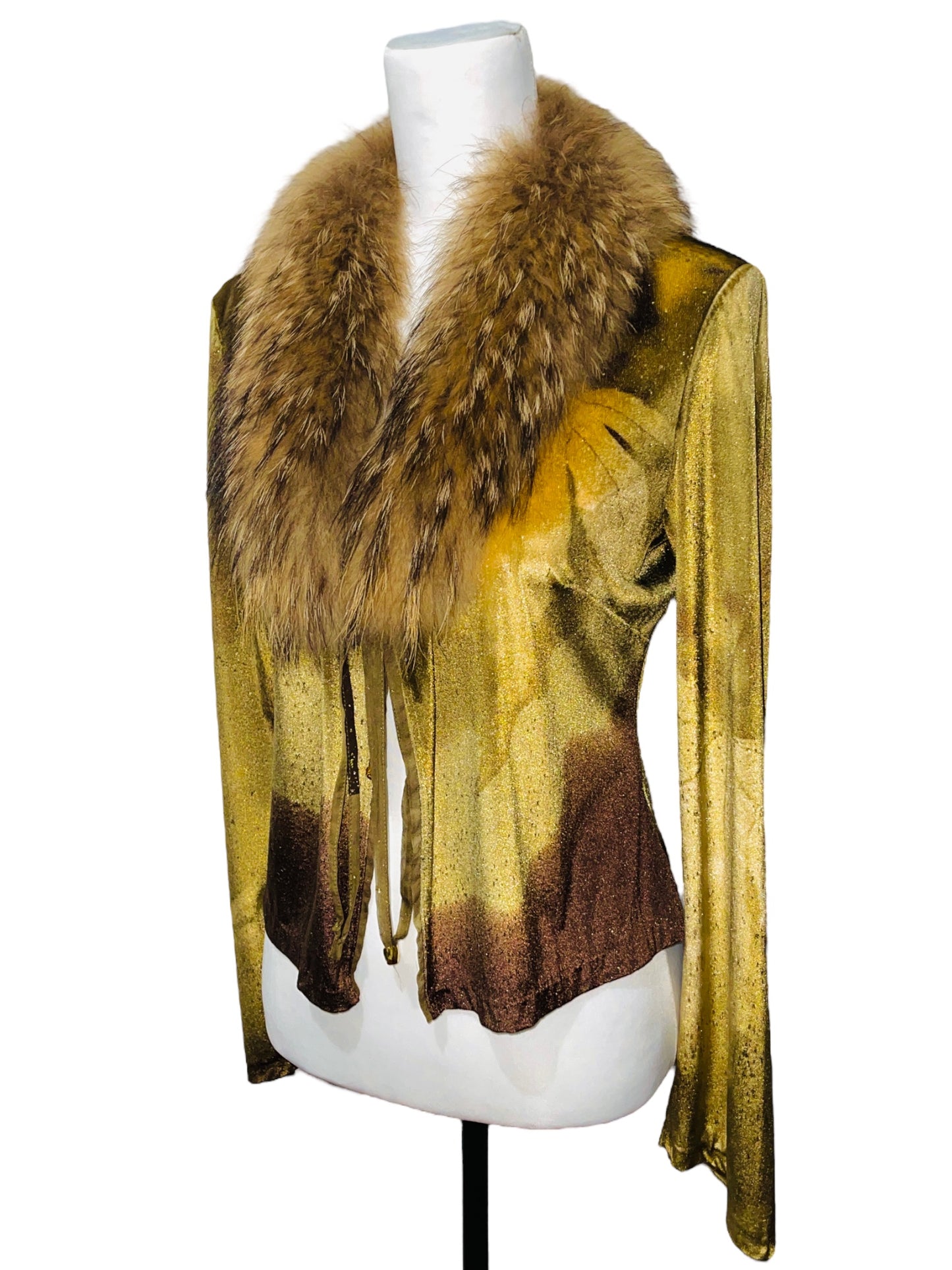 ROBERTO CAVALLI F/W 1999 Leaves Print Green Velvet and Fur Trimmed Cardigan - M