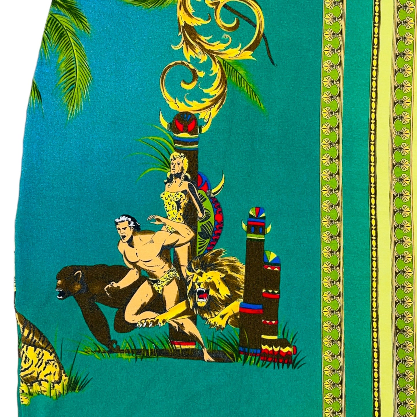 VERSACE JEANS COUTURE Vtg 1990s Tarzan Green Jungle Print Bodycon Dress - M 30/44