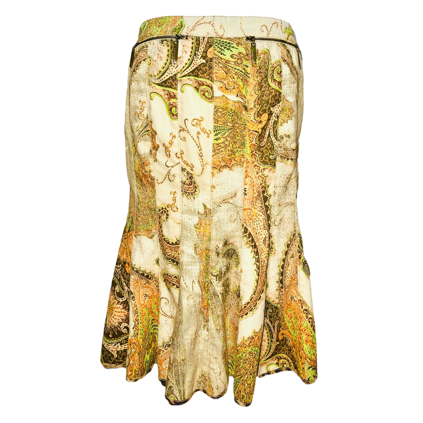 ROBERTO CAVALLI Green Yellow Brown Paisley Denim Skirt - S