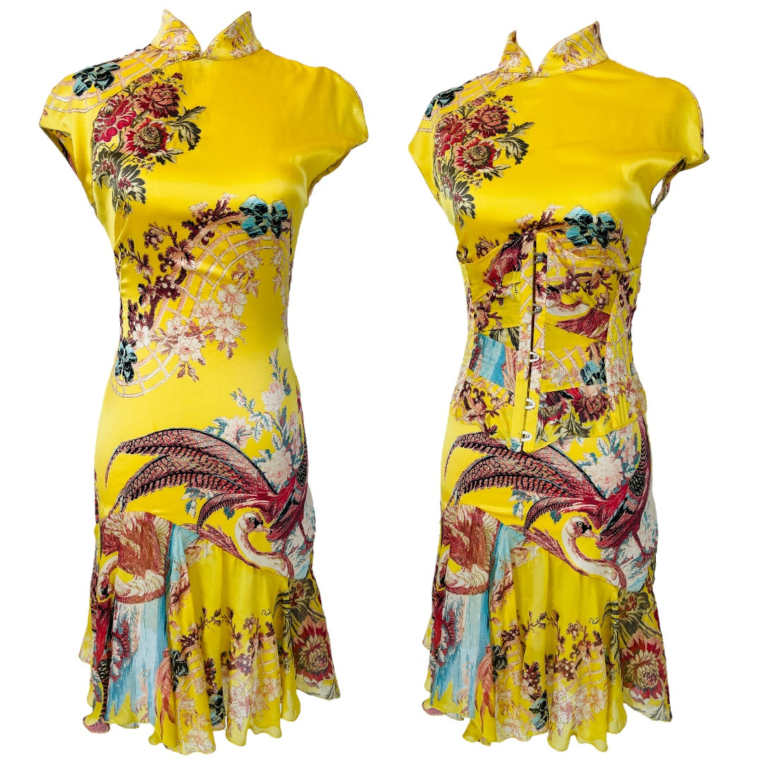 ROBERTO CAVALLI S/S 2003 Yellow Silk Chinoiserie Cheongsam w/ Corset Set - S/XS