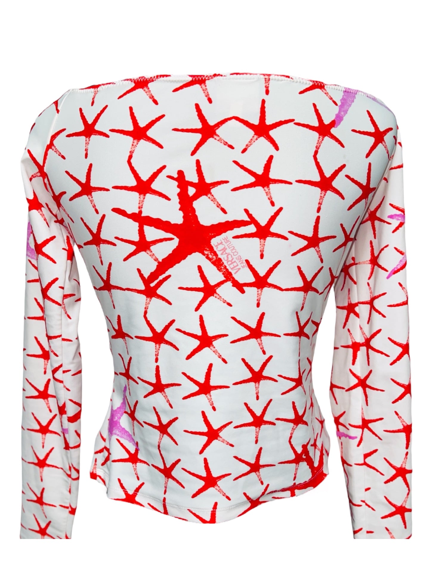 VERSACE JEANS COUTURE Red White Pink Embellished Starfish Print V-Neck Top - L