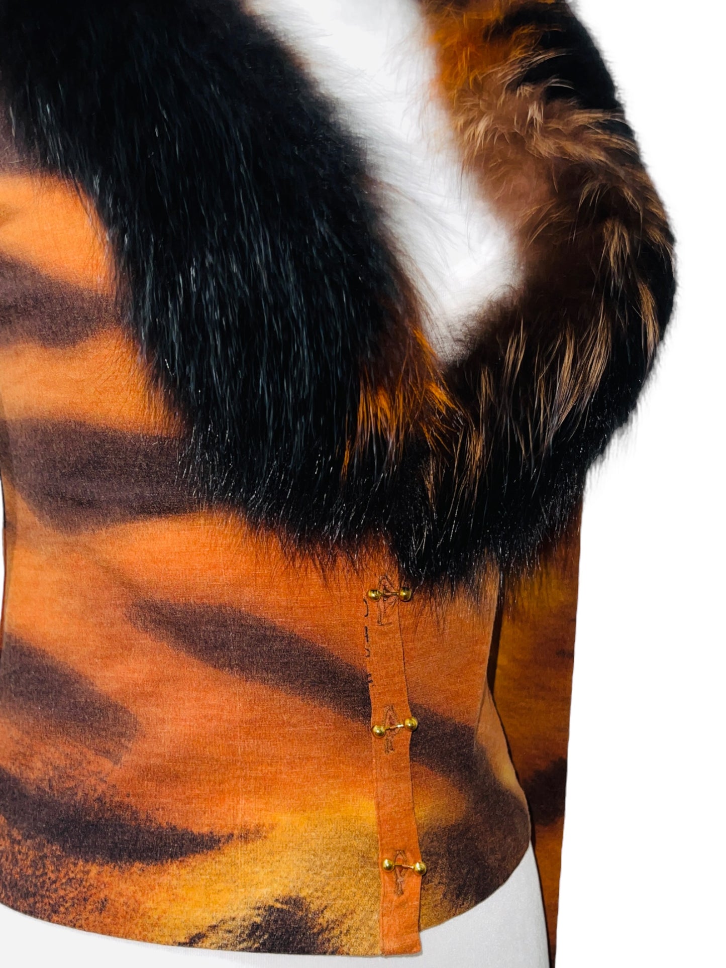 ROBERTO CAVALLI F/W 2000 Orange Tiger Print Fox Fur Trimmed Longleeve Cardigan - S