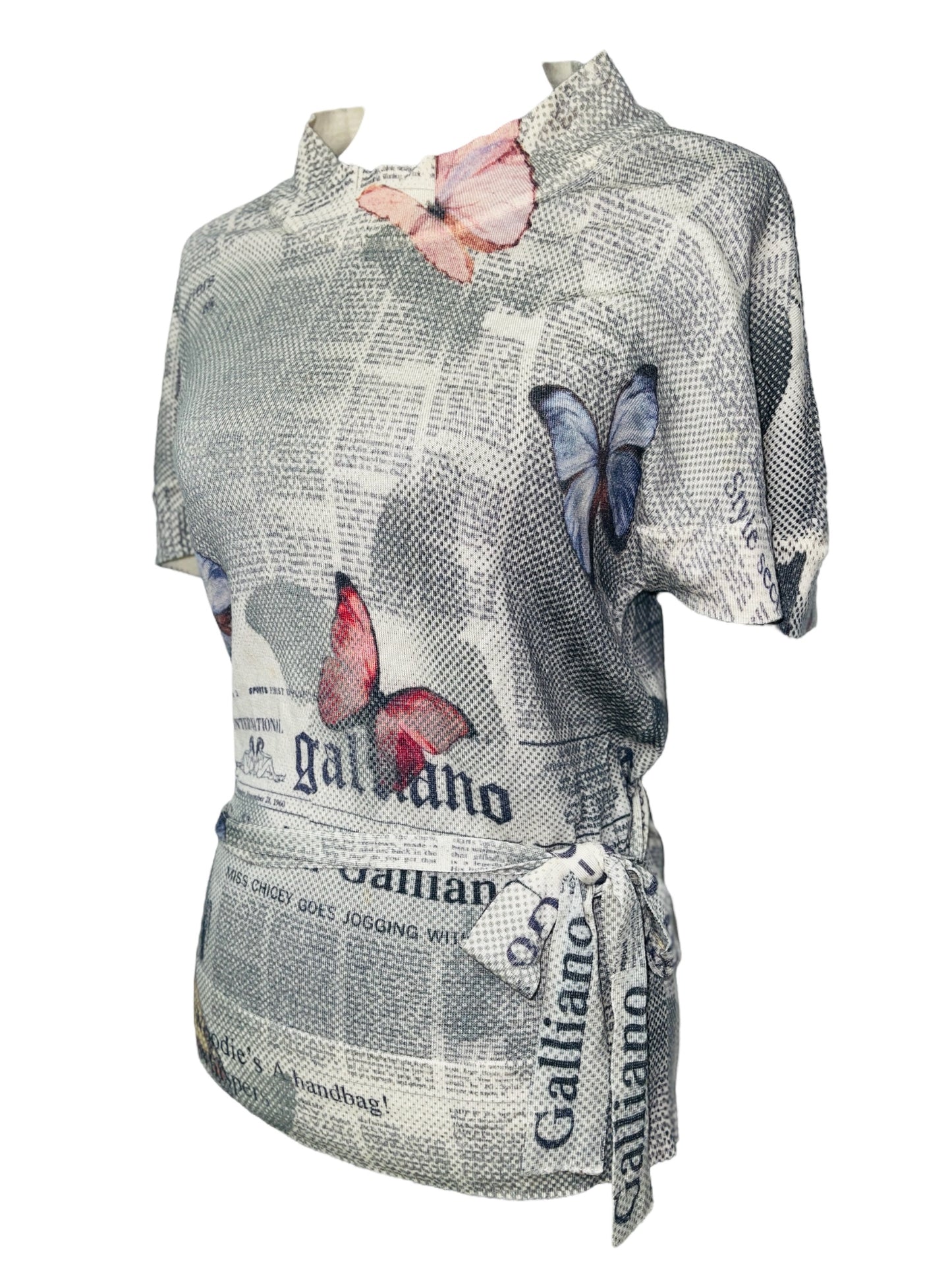 GALLIANO Grey Pink Butterflies Gazette Newspaper Print Tie Waist Cashwool Top - M