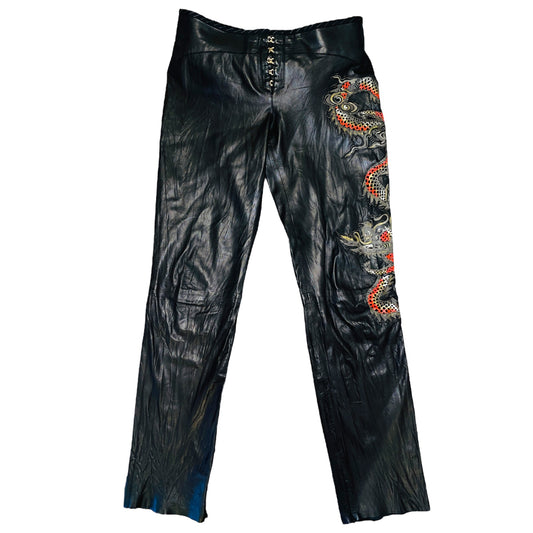 ROBERTO CAVALLI S/S 2003 Runway Dragon Embroidery Black Leather Slim Trousers L