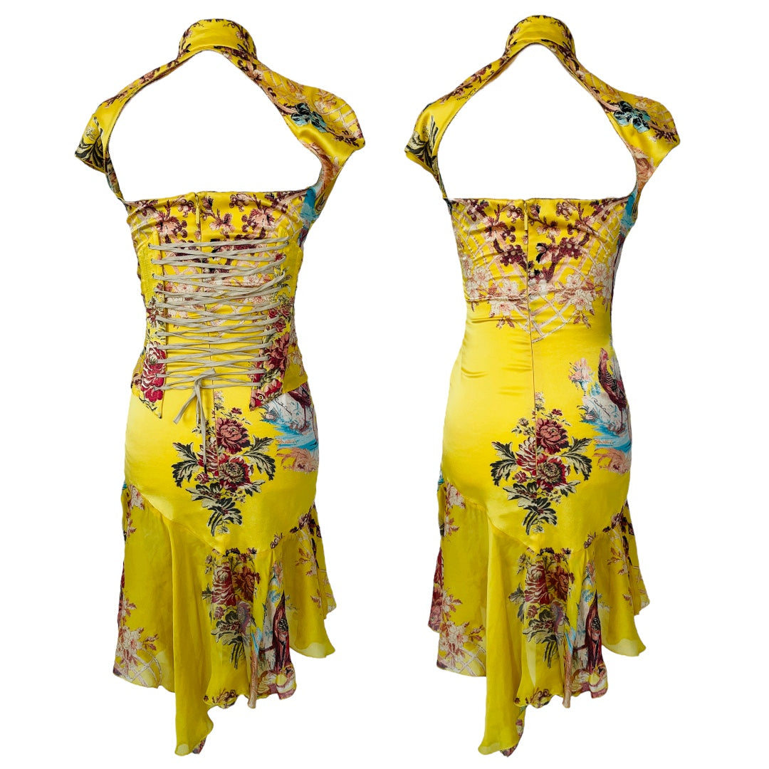 ROBERTO CAVALLI S/S 2003 Yellow Silk Chinoiserie Cheongsam w/ Corset Set - S/XS