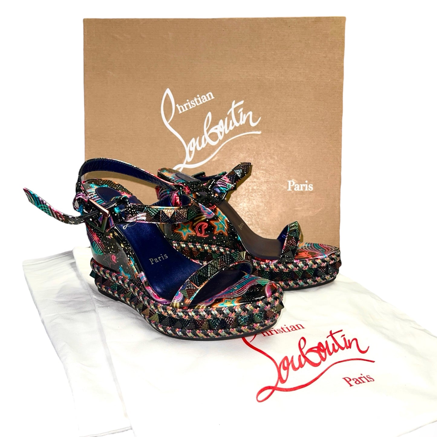 CHRISTIAN LOUBOUTIN Pyraclou Spiked Multicolor Black Wedge Sandals 110 - 36