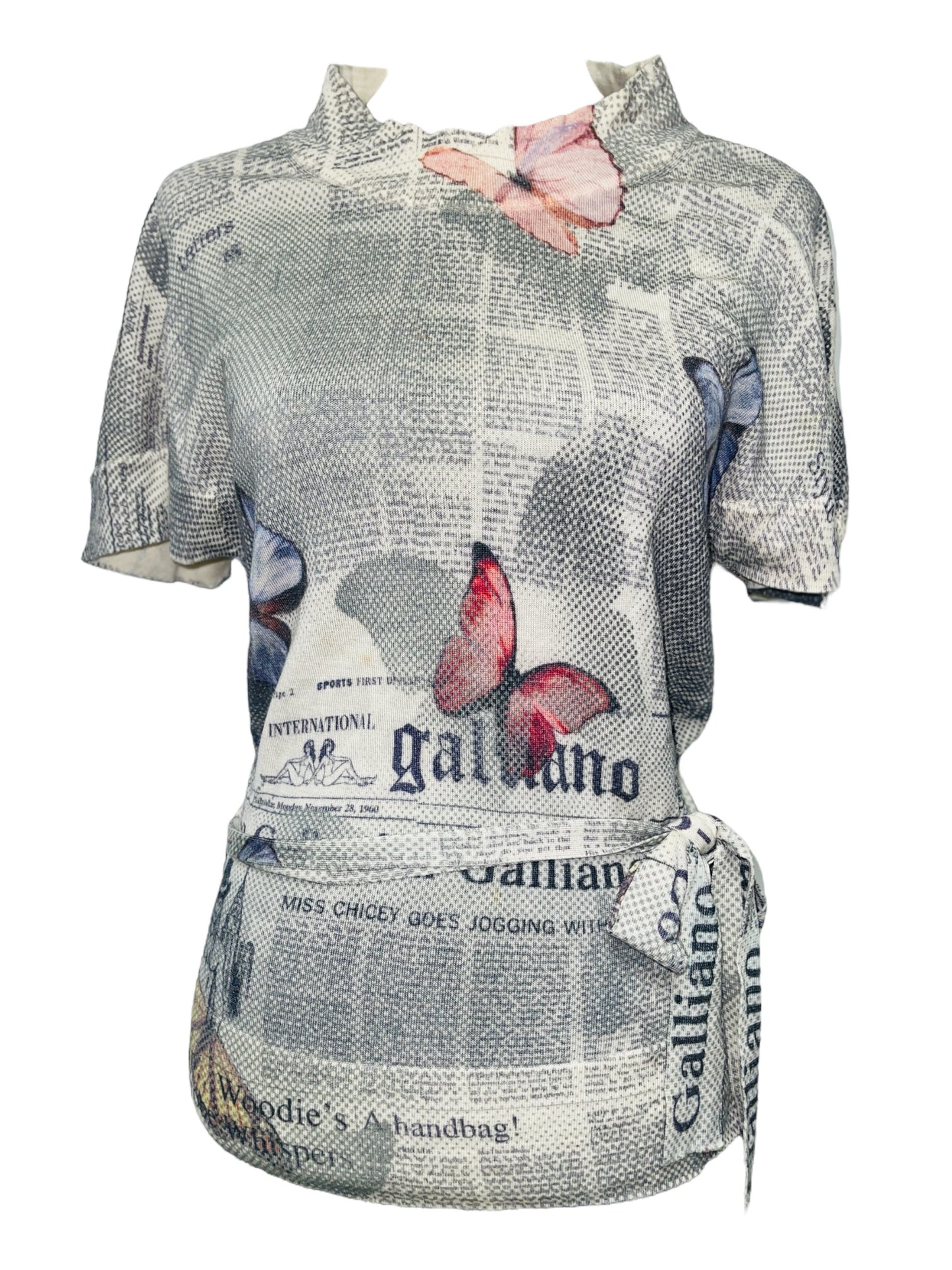 GALLIANO Grey Pink Butterflies Gazette Newspaper Print Tie Waist Cashwool Top - M