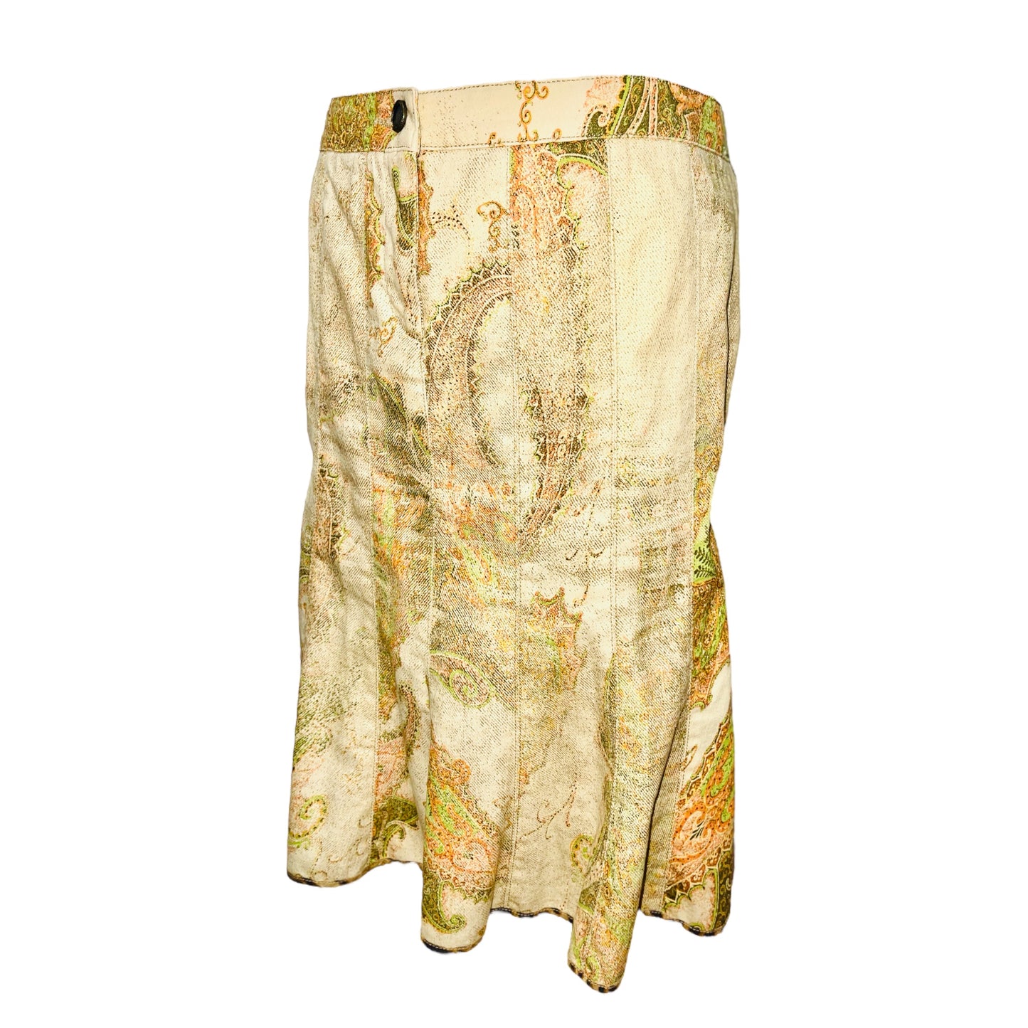 ROBERTO CAVALLI Green Yellow Brown Paisley Denim Skirt - S