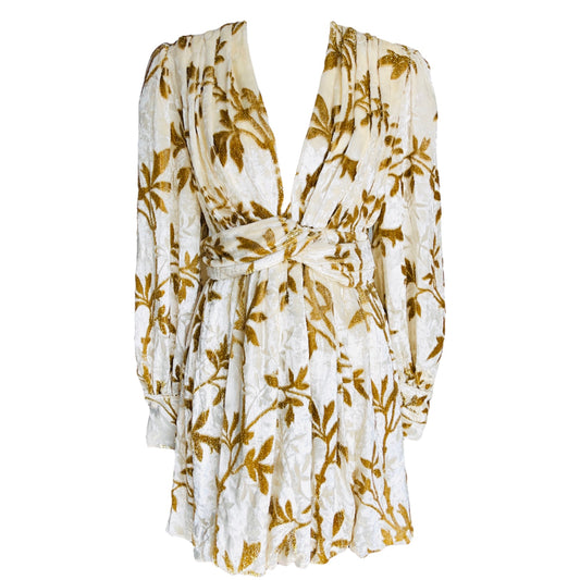 DODO BAR OR Mona White Gold Metallic Velvet Floral Ivy Print Jacquard Mini Dress - IT 42