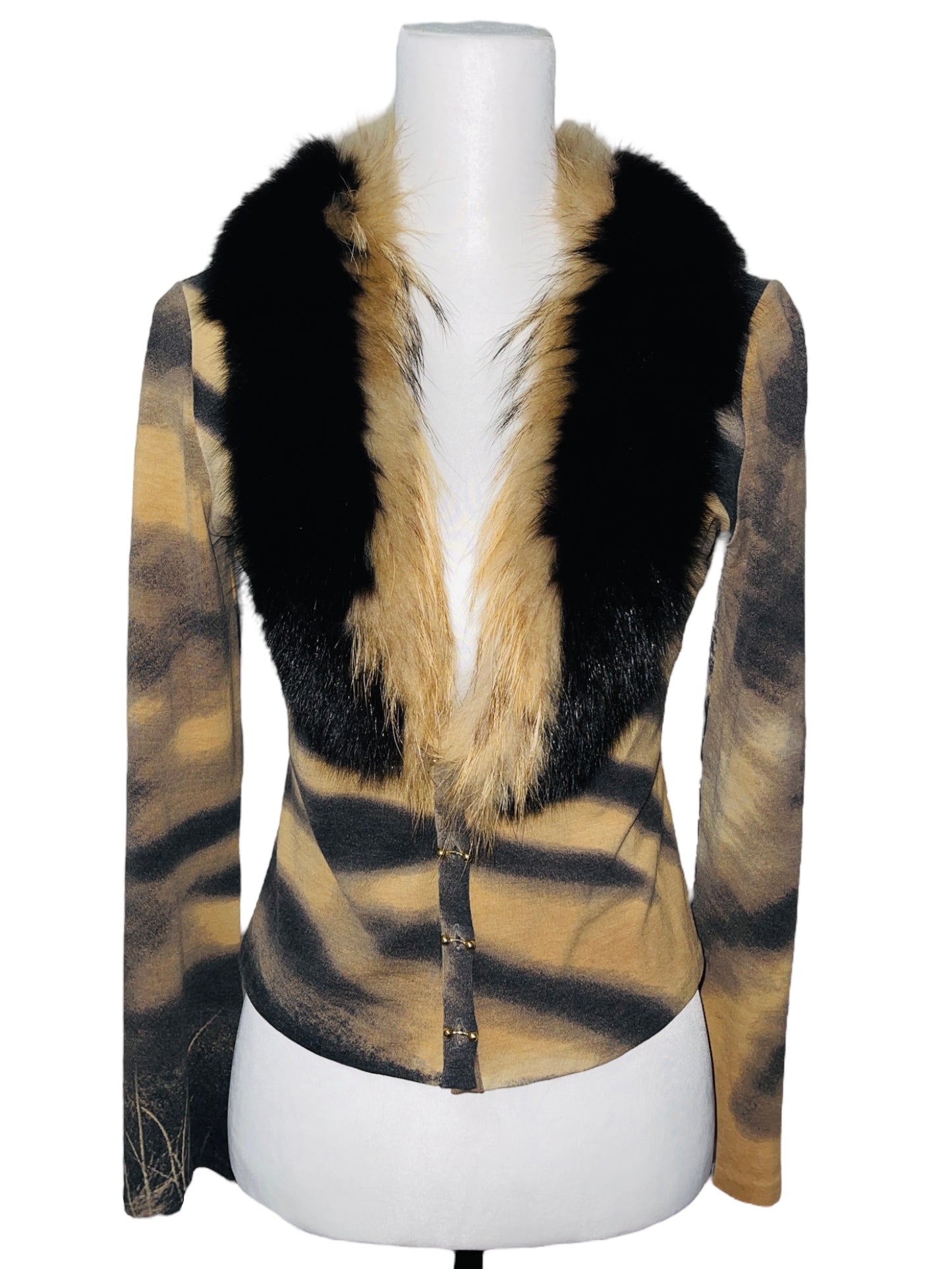 ROBERTO CAVALLI F/W 2000 White Tiger Print Fox Fur Trimmed Longleeve Cardigan - M